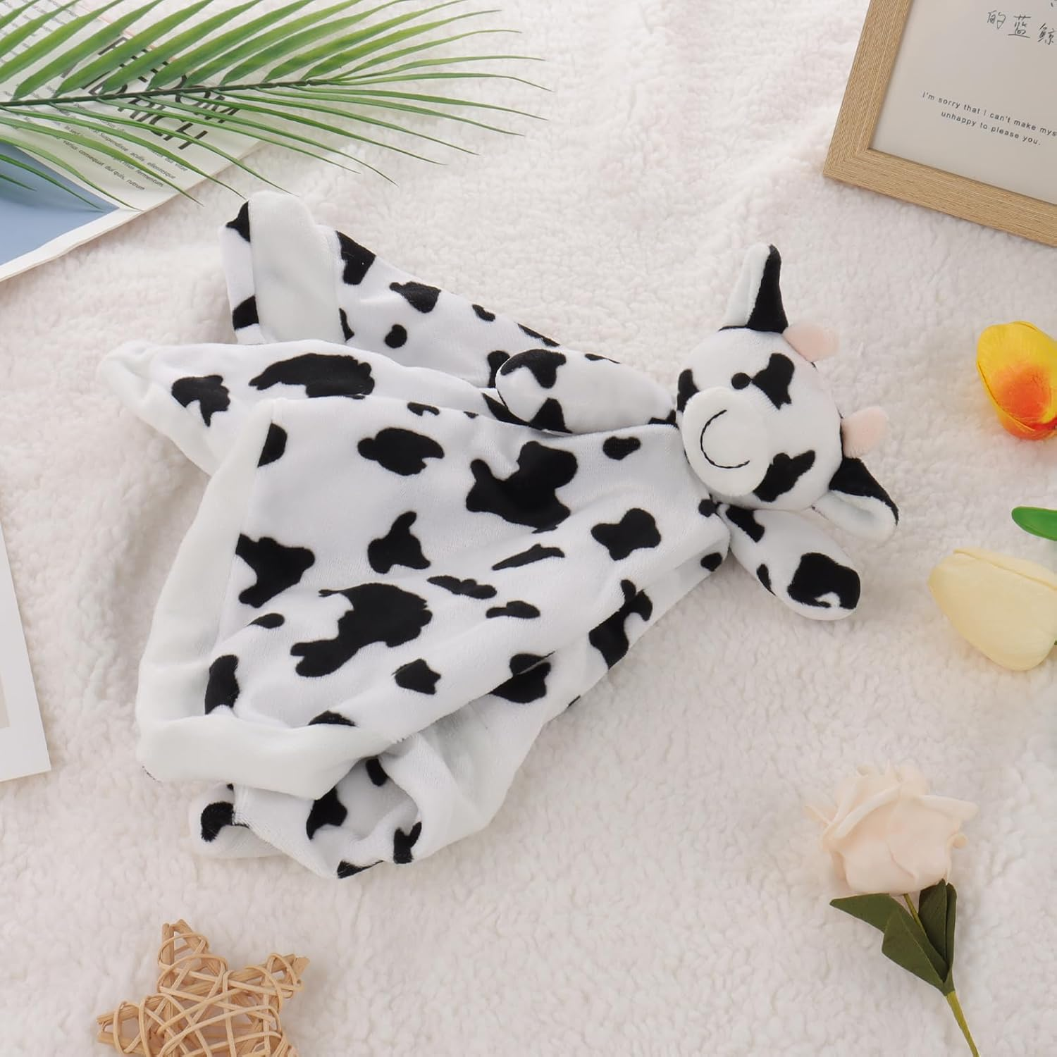 Apricot Lamb Stuffed Animals Cow Security Blanket Infant Nursery Character Blanket Luxury Snuggler Plush Baby Lovey(Cow, 13 Inches) image number 3