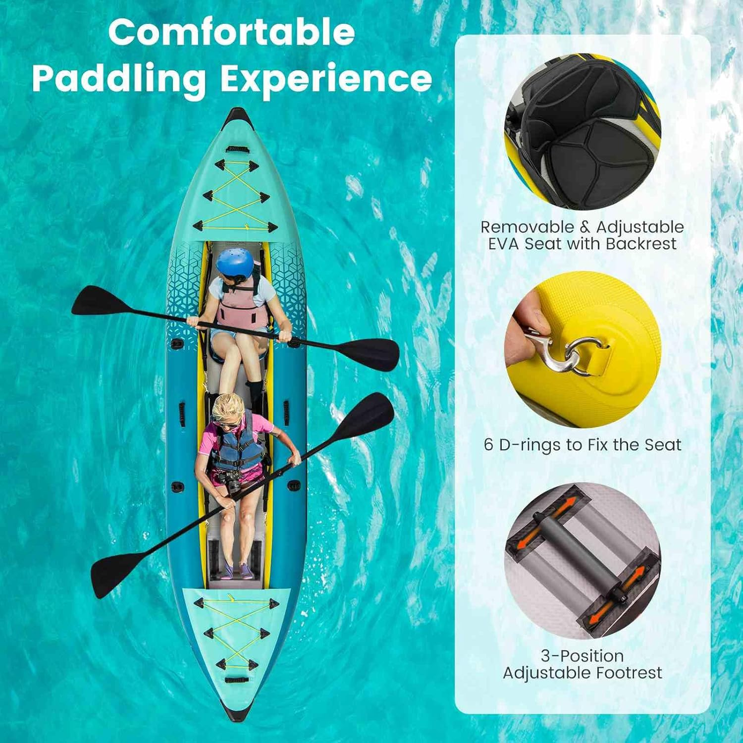 Costway Inflatable Kayak Set, 2-Person Kayak with Aluminium Oars, EVA Padded Seat, High Back Support, Hand Pump & Repair Kit, 230 Kg Weight Capacity, Portable Kayak with Carry Bag