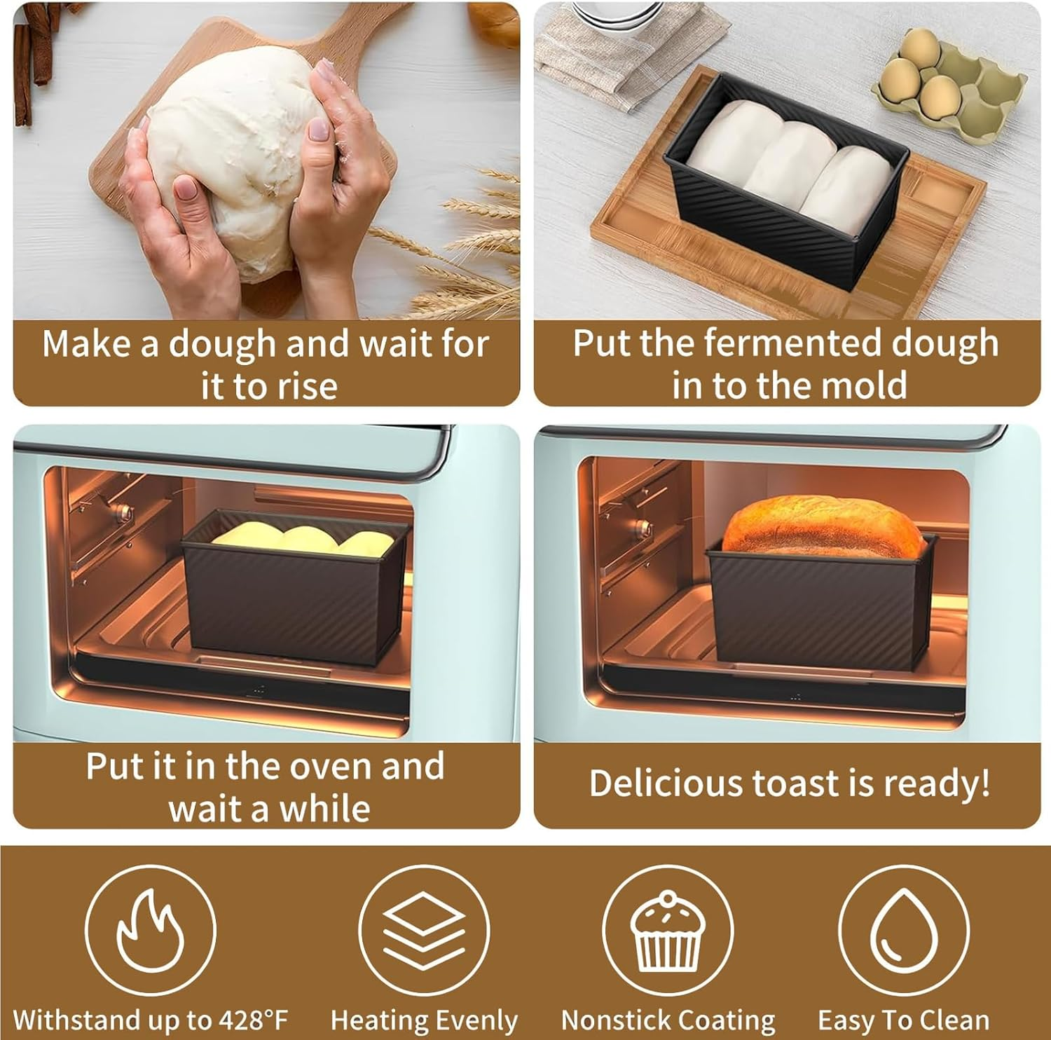 MYLEUS 2 Pack Pullman Loaf Pan Set, Non-Stick Carbon Steel Bread Pans with Lids, 1Lb & 1/2 Lb Capacity, Ideal for Homemade Bread, Baking Sandwiches & Toasts, Black image number 3