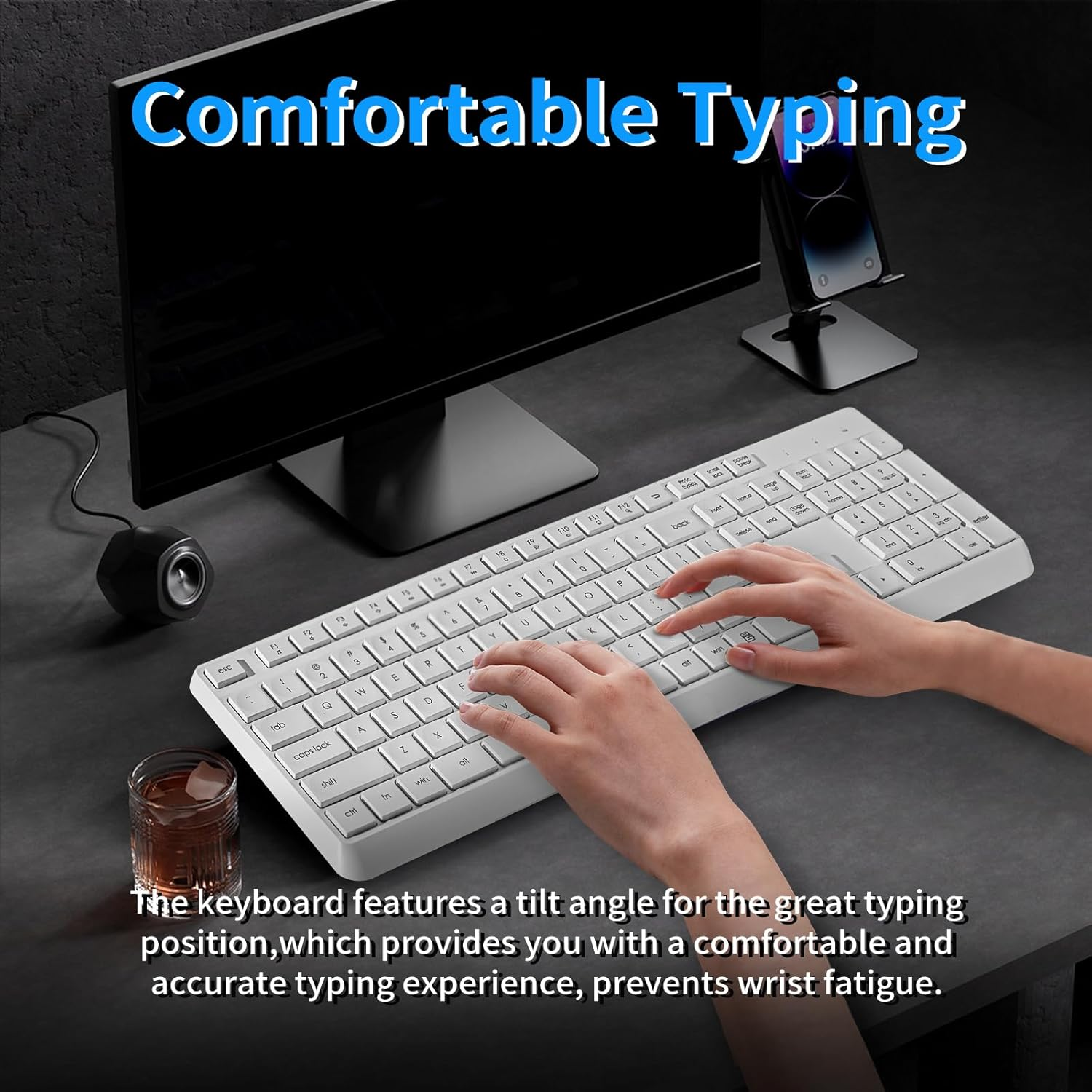 HUO JI Wireless Keyboard and Mouse Combo for Windows Mac, Quiet and Soft, 2.4G Full-Size Computer Keyboard and Ergonomic Wireless Mouse, Long Battery Life 12 Months Battery, White