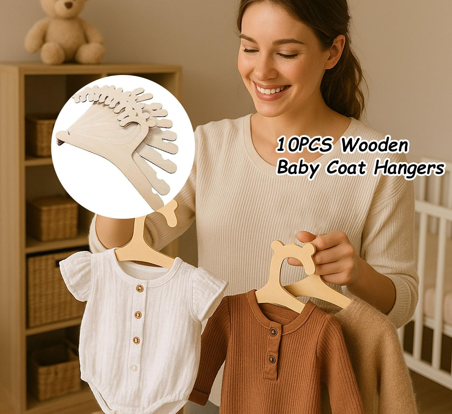 10Pcs Wooden Baby Coat Hangers, Non-Slip 9 Inches Kids Coat Hangers, Reusable Baby Hangers, Cute Bear Newborn Hanger for Children'S Dresses Coats Pants, Eco-Friendly & Durable image number 5