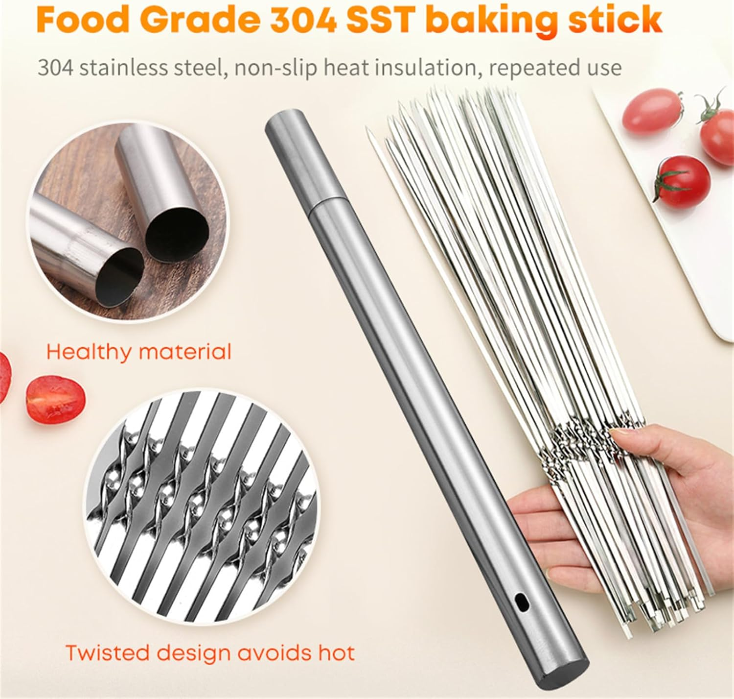 304 Stainless Steel Barbecue Skewers - Pack of 50 Reusable Wide Flat Metal Skewers with Storage Tubes - Rod Barbecue Accessories image number 6