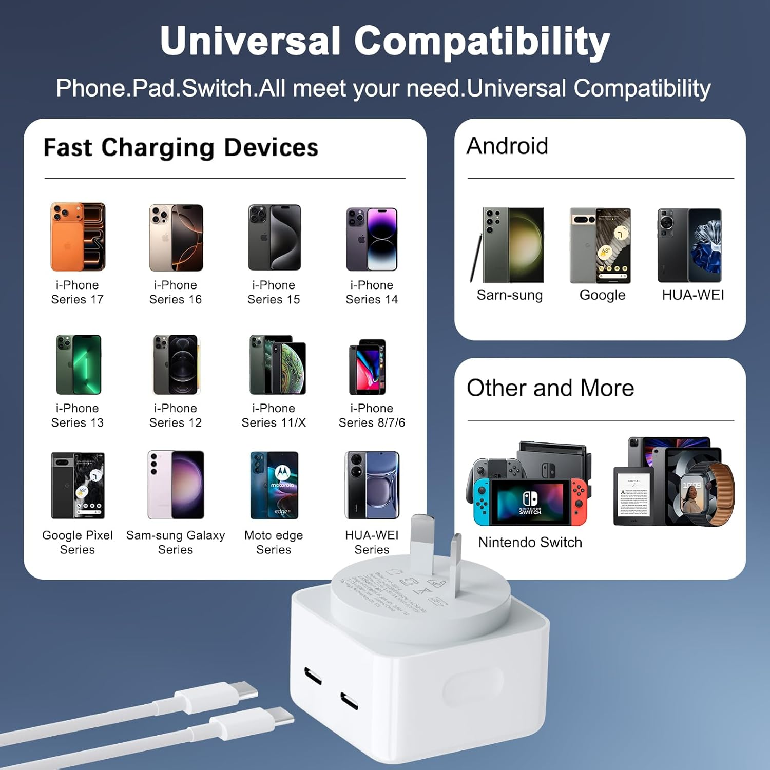 Iphone Charger, 35W Dual USB C Charger, Fast Charger Plug with Lightning+ USB C Charging Cable, Suitable for Iphone 17/16/15/14/13/12/11/I-Pad/Galaxy/Pixel7/6/S23/S22 image number 3