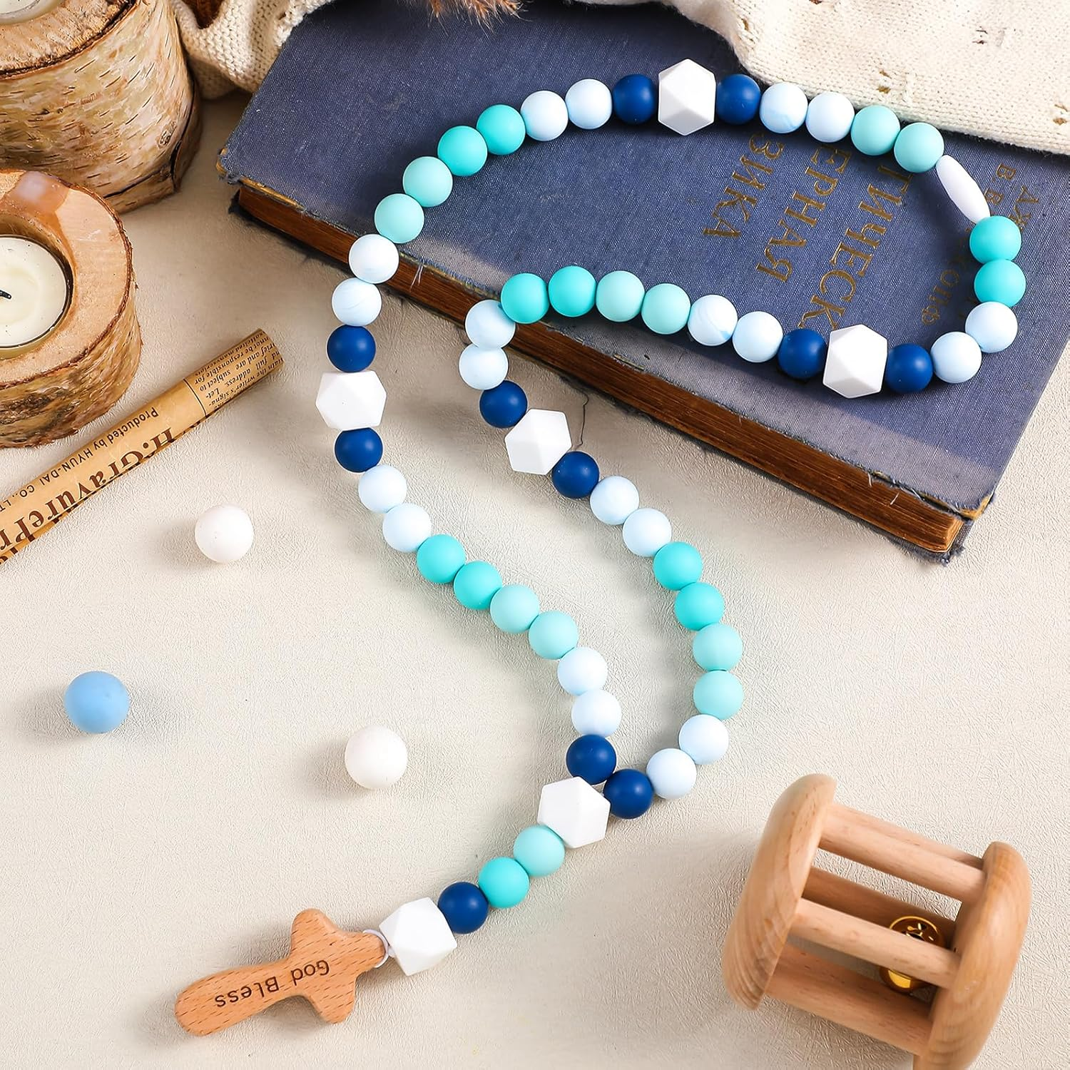 Misdary Baby Rosary Baptism Gift Silicone God Bless Kids First Rosary with Cross 1St Year Baptism Party Supply for Baby Shower Christian Communion Gifts (Multicolor,Square)