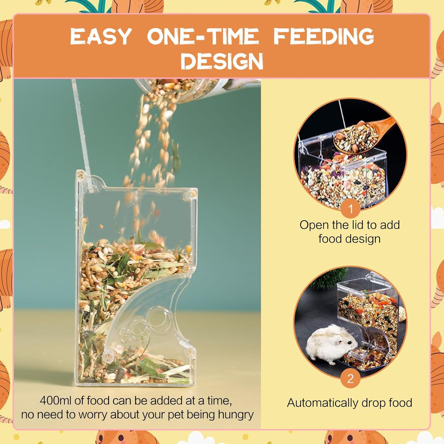 SUSOO 400ML Hamster Food Bowl with Leak Proof Automatic Feeding Function for Small Animals Cage Accessories,Acrylic Auto Storage Food Dish Dispenser for Dwarf,Guinea Pig,Hedgehog,Rabbit,Parrot Birds image number 2