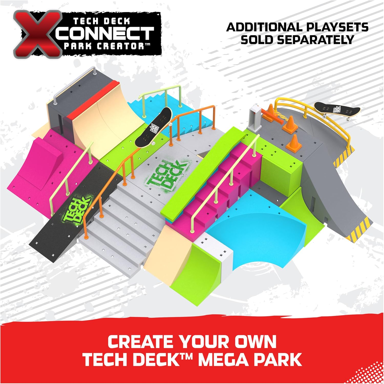 Tech Deck, Neon Mega Park X-Connect Creator, Glow-In-The-Dark Customisable Ramp Set with Two Fingerboards, Kids&rsquo; Toy for Boys and Girls Ages 6 and Up image number 2
