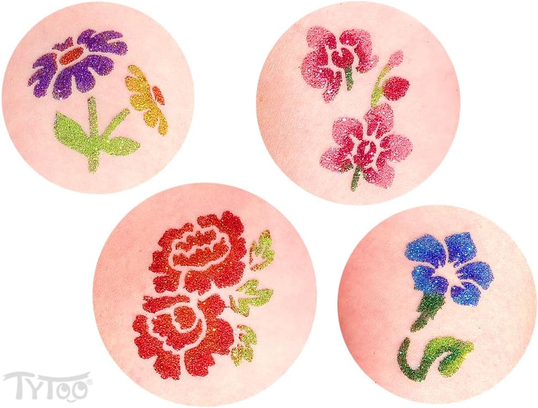 Tytoo Glitter Tattoo Stencil Set - Reusable Templates for Children & Adults - EU Design, Skin-Friendly, Perfect for Parties, Children'S Make-Up & Body Painting (Flowers) image number 1