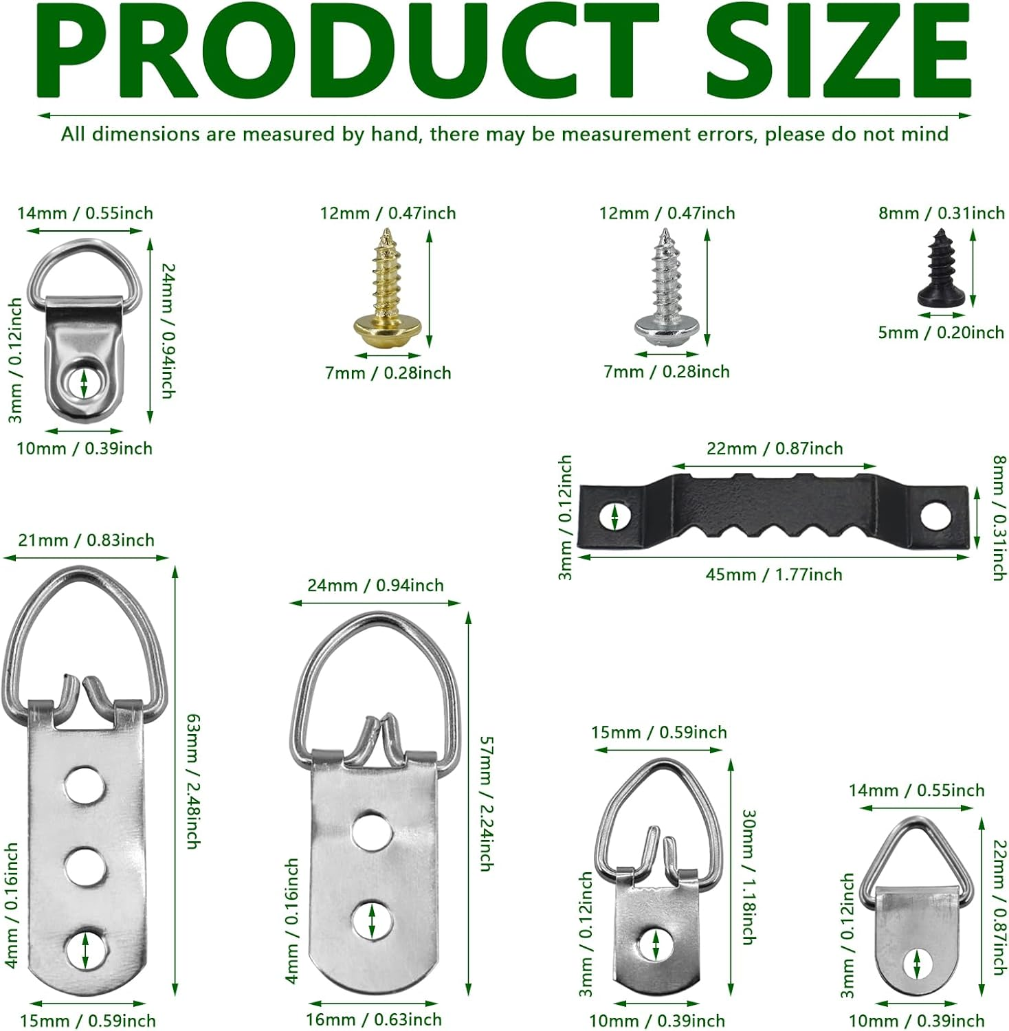 SHRJ 415Pcs Picture Hangers Kit, 7 Sizes D Ring Hangers Sawtooth Hangers Assorted Kit with Screws Boxed Metal Accessories for Wall Mounting Heavy Picture Canvas Paintings Photos Frame Board Clock image number 4