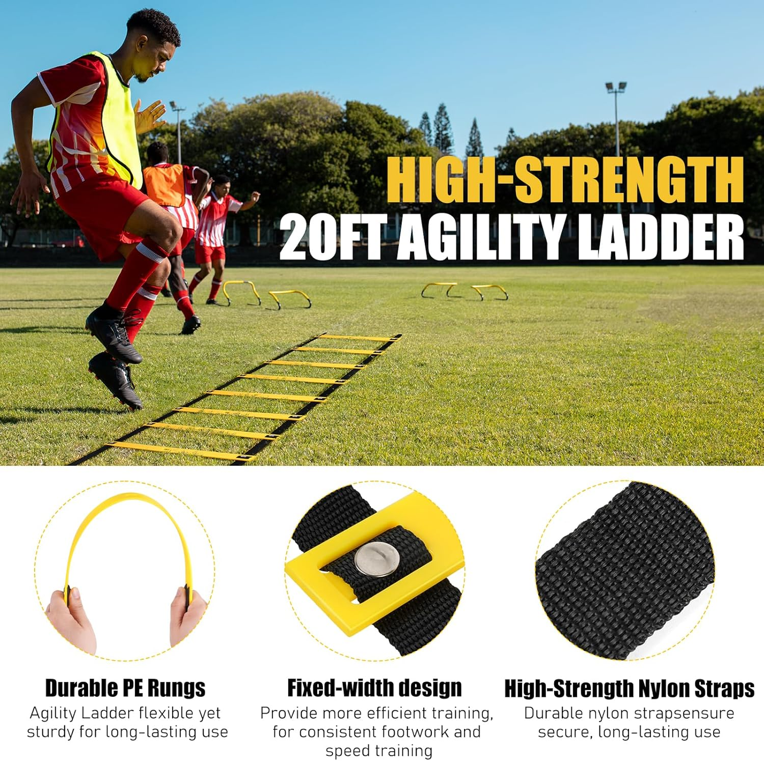 Agility Speed Training Equipment Set - 20Ft Speed Ladder, 12 Cones, 4 Adjustable Hurdles, Jump Rope, Parachute, 3 Resistance Bands | Ideal for Basketball, Football, Soccer, for Kids, Youth, Adults image number 6