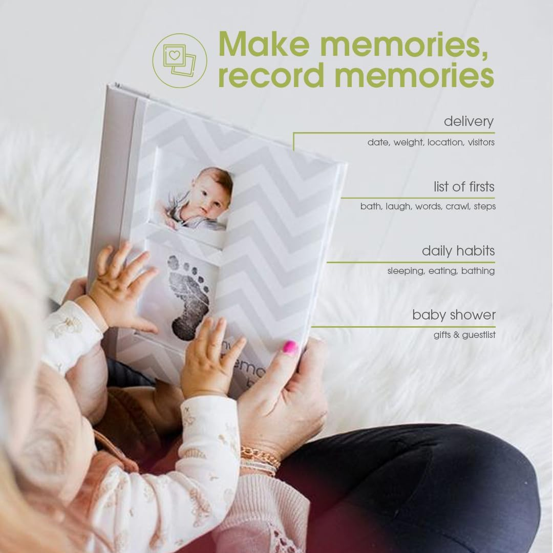 Pearhead Baby Memory Book with Ink Pad, Chevron Grey - Blue image number 7