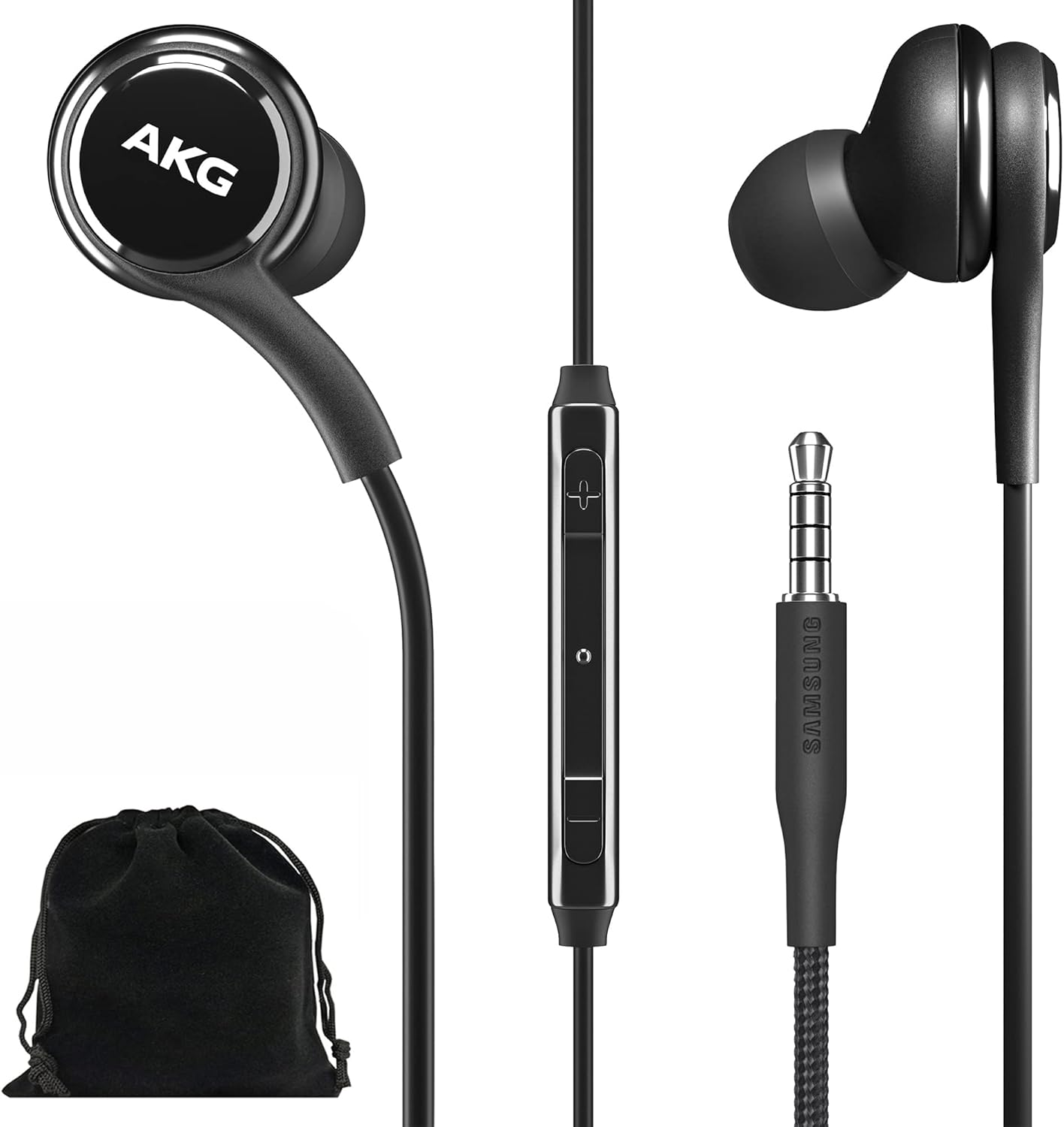 Samsung AKG Earbuds Original 3.5Mm In-Ear Earbud Headphones with Remote & Mic for Galaxy A71, A31, Galaxy S10, S10E, Note 10, Note 10+, S10 Plus, S9 - Braided, Includes Velvet Carrying Pouch - Black image number 1