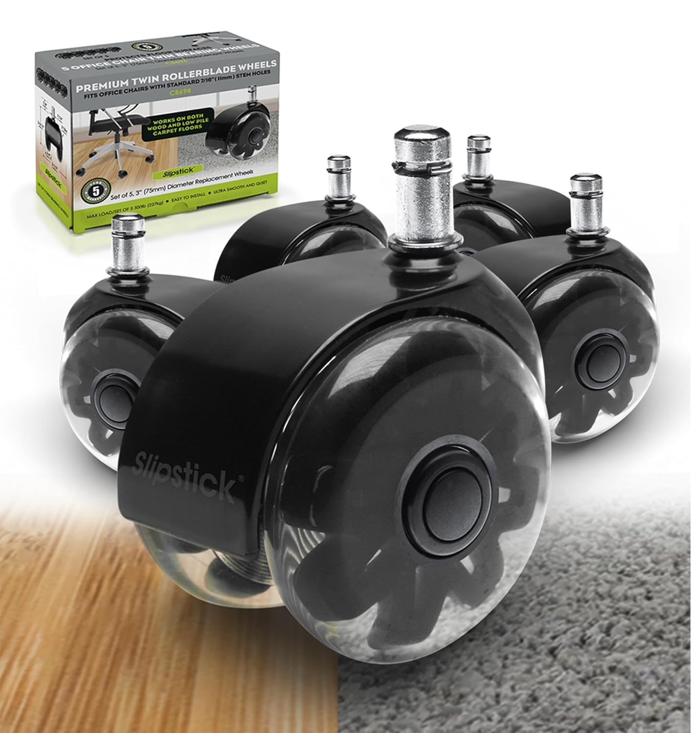 Monster 75Mm Dual Rollerblade Office Chair Wheels (Set of 5) Slipstick Premium Rubber Castor Wheels for Chairs, Smooth & Safe Rolling on All Flooring