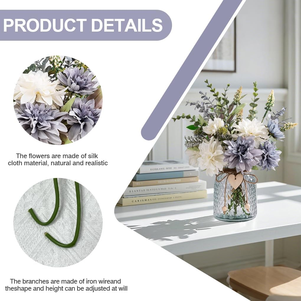 Delsol Artificial Flowers with Vase Silk Dahlia Faux Flowers Arrangement with Glass Vase Exquisite Fake Flowers Bouquet for Home Decor Decoration Table Centerpiece (Dahlia) image number 4