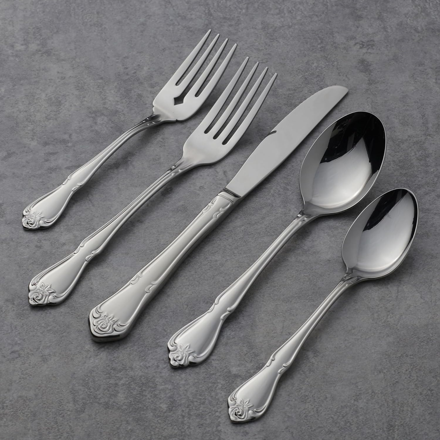 Oneida True Rose 45 Piece Everyday Flatware, Service for 8, 18/0 Stainless Steel, Silverware Set, Silver image number 6