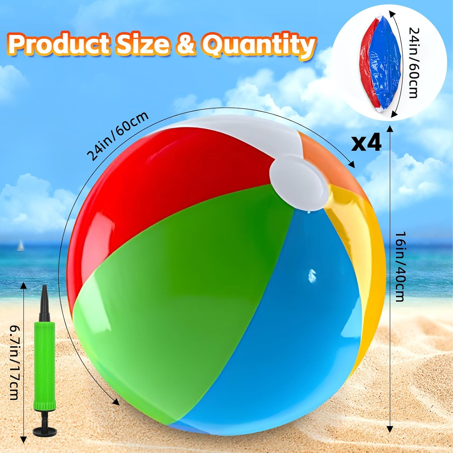 ZCOINS 4 Pack 24'' Large Inflatable Rainbow Beach Balls Bulk with Pump, PVC Blow up Beach Ball Swimming Pool Toys, Summer Pool Beach Balls Party Supplies Favors for Outdoor Activity Water Game image number 3