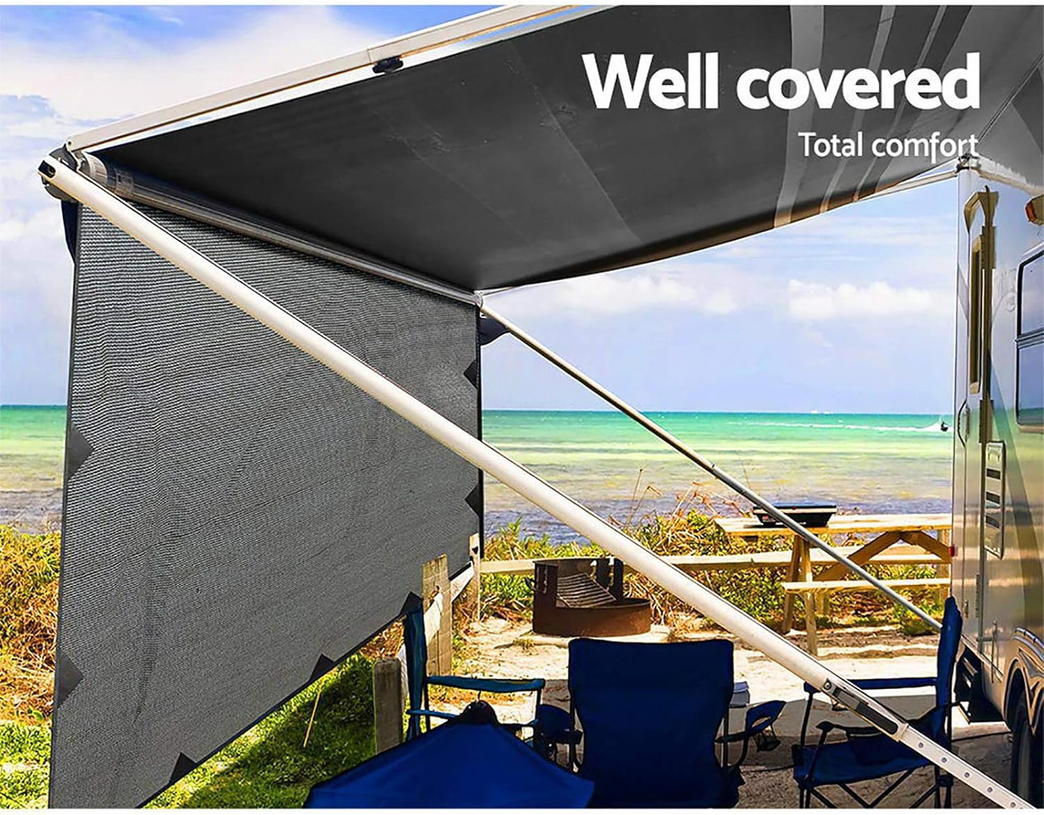 Weisshorn Caravan Awnings, 3.7 X 1.95M Roll Out Privacy Screens Sun Shade Car End Side Wall Awning Outdoor Travel Garden Balcony Accessories, with Carry Bag Ropes Ground Pegs Grey image number 4