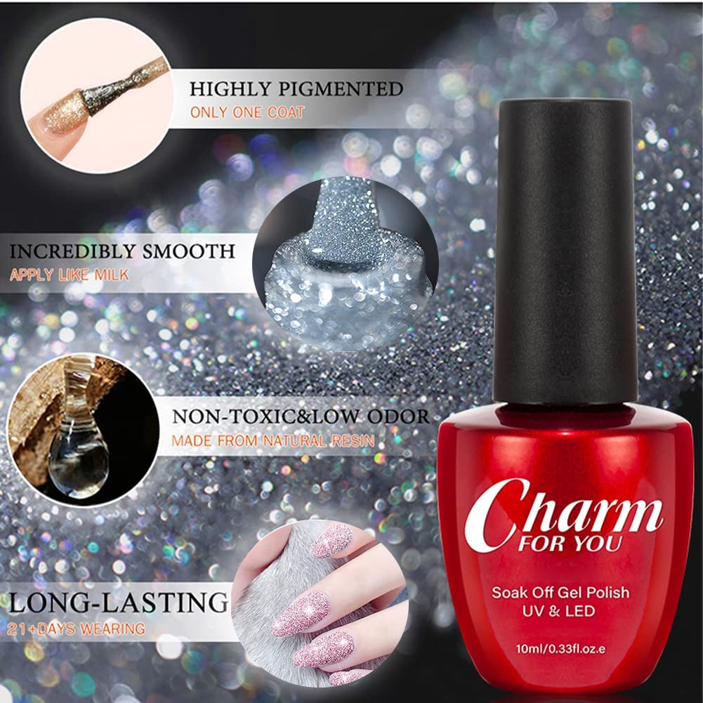 Reflective Glitter Gel Nail Polish Kit Soak off UV/LED Sparkly Shiny Nail Gel Broken Diamond Disco Gel Nail Art Home DIY Manicure Nail Salon 6 Colors Nail Polish Sets for Women image number 2