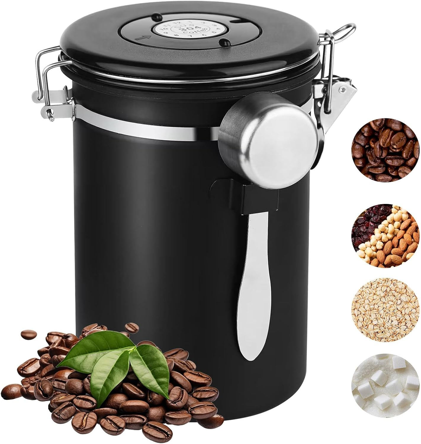 Airtight Coffee Canister with Scoop - Stainless Steel Coffee Grounds Container, Coffee Jar with Date Tracker and CO2 Valve, Coffee Bean Storage for Kitchen Counter or Coffee Bar (Black, 1.8L)