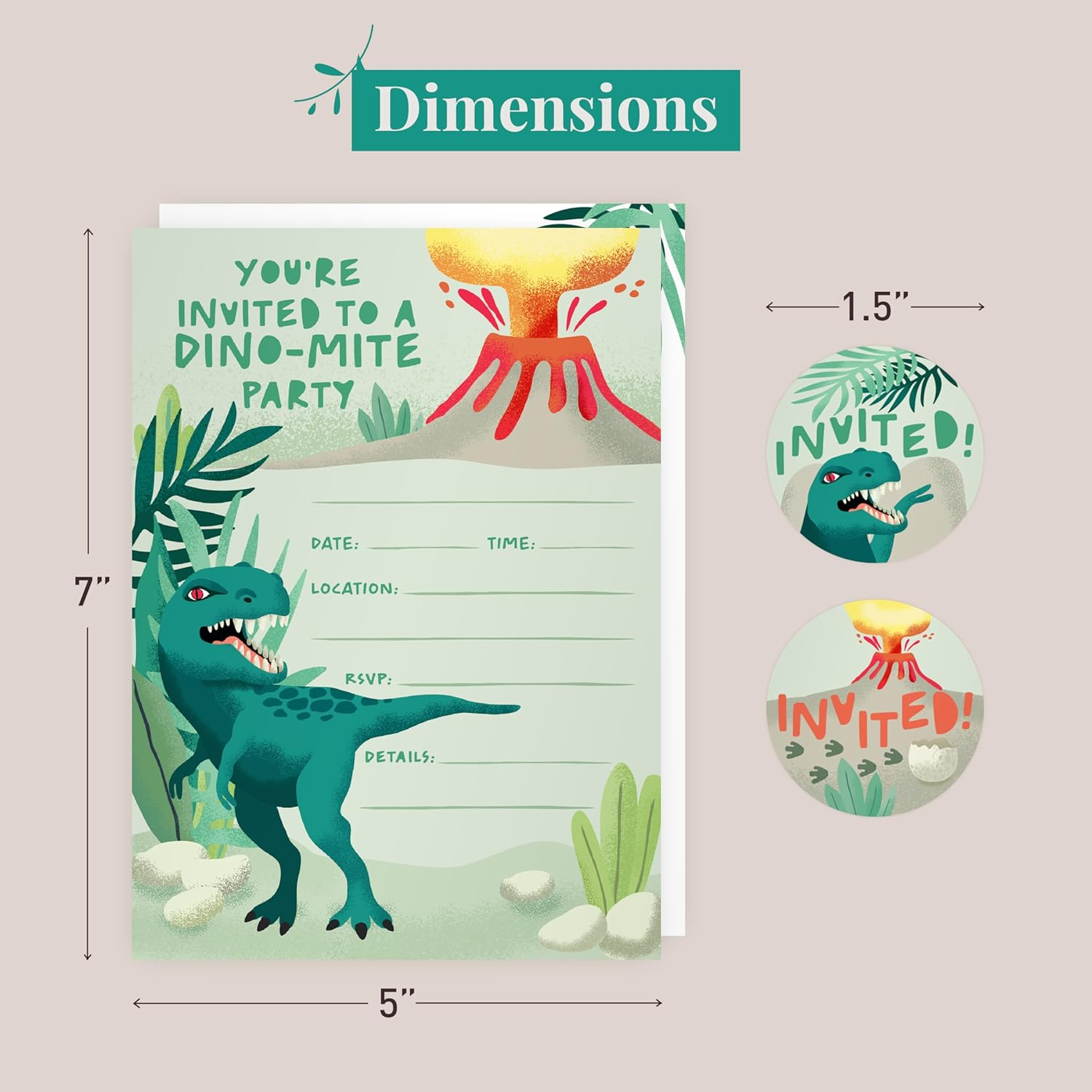 Rileys & Co. 50-Pack Dinosaur Party Invitations for Kids &ndash; 5 X 7 Inches &ndash; Premium Quality Cards with Matching Envelopes & Stickers &ndash; the Ultimate Prehistoric Invite for Roaring Celebrations image number 1