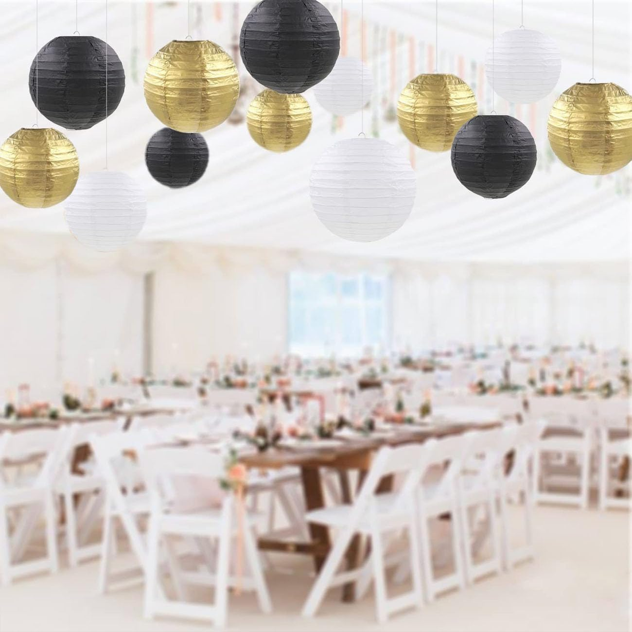 SIPRKAICT Paper Lanterns Party Decorations,12Pcs Gold Black White Hanging Paper Lantern for for Wedding Graduation Anniversary Birthday Party Decorations - Blue And Orange image number 2