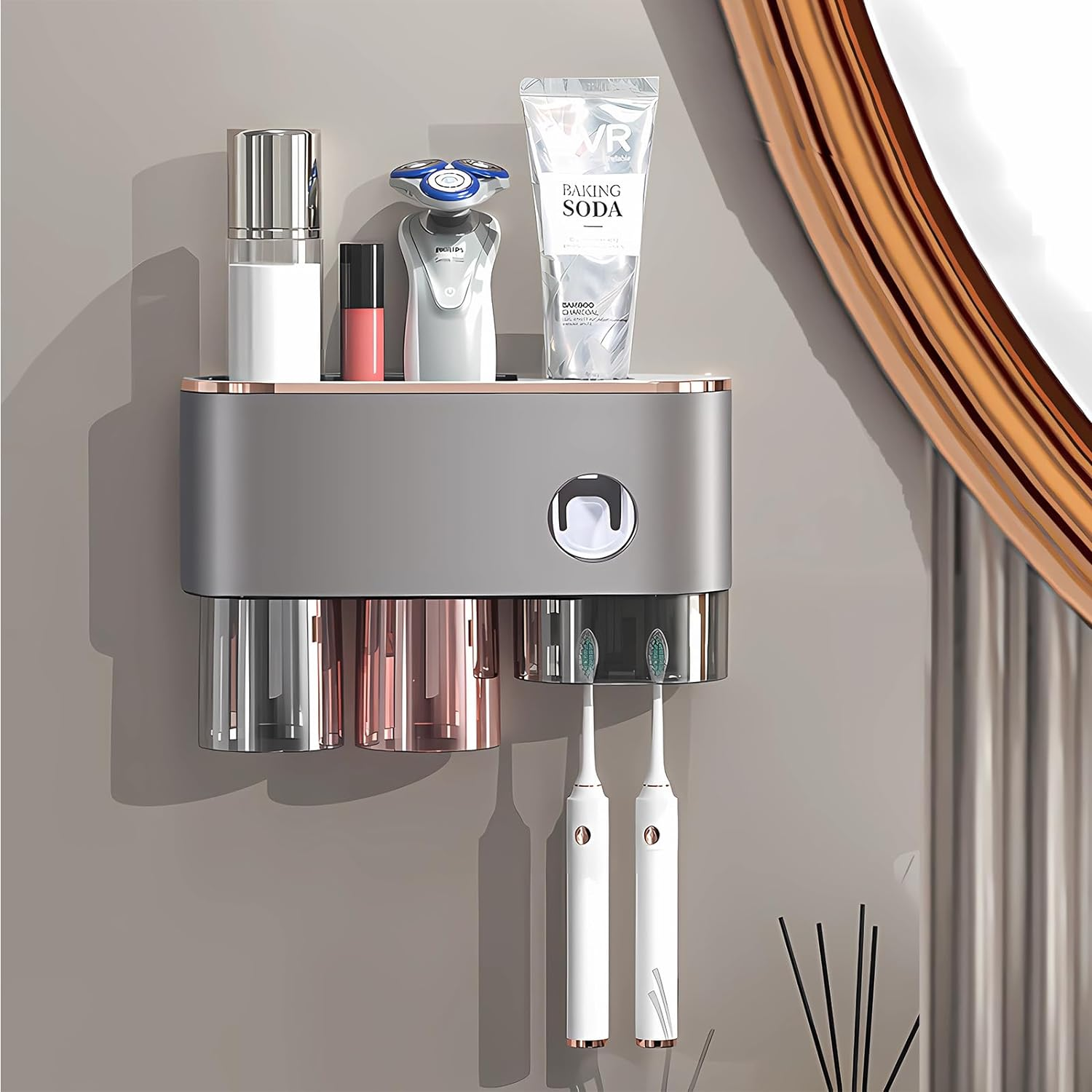 Hushmow Toothbrush Holder Wall Mounted, Toothbrush Holder for Bathroom with Automatic Toothpaste Dispensers,4 Toothbrush Slots,2 Cups and 1 Large Storage Tray