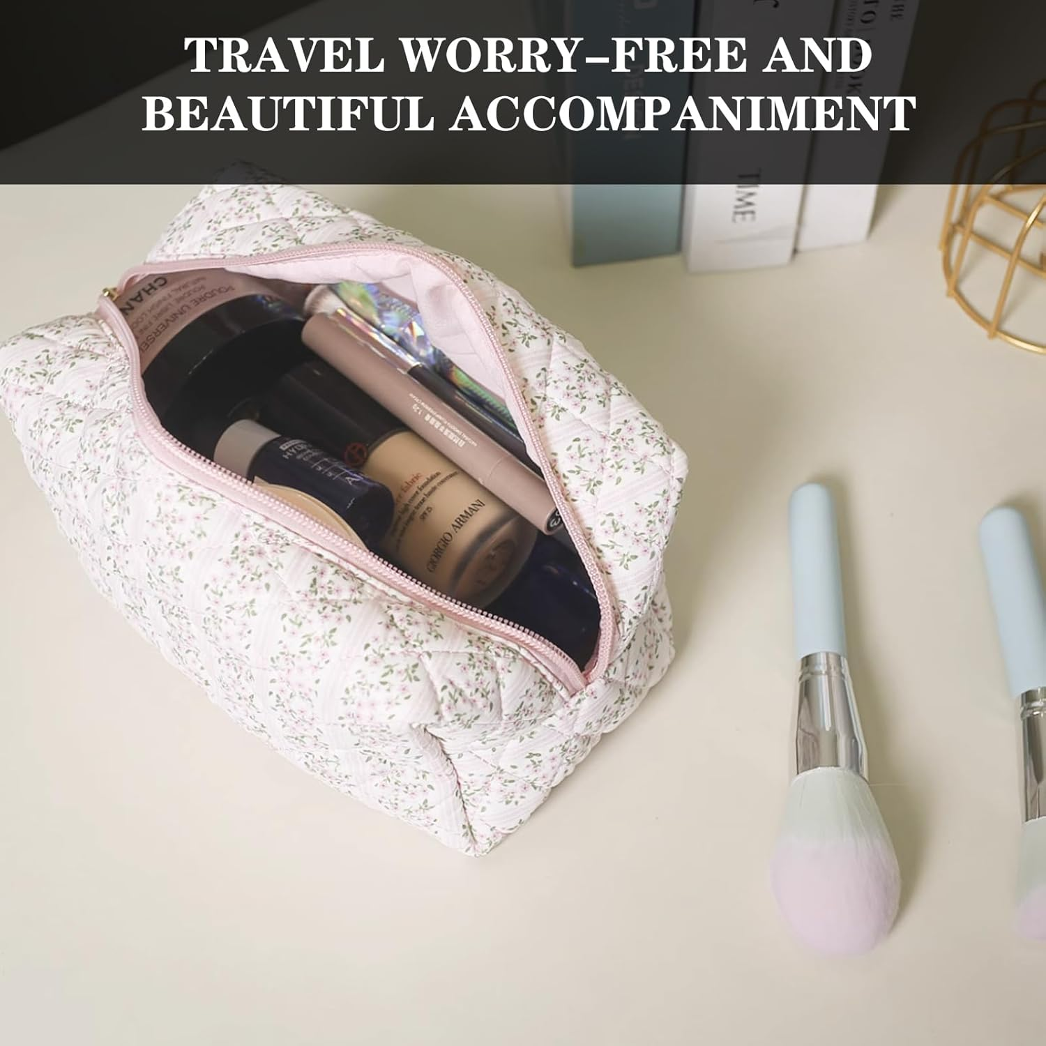 Stylish Quilted Makeup Bag, Large Floral Cosmetic Pouch with Pink Gingham Lining, Toiletry Bag for Women, Travel, and Everyday Use, Mini and Small Makeup Bag for Cosmetics image number 2