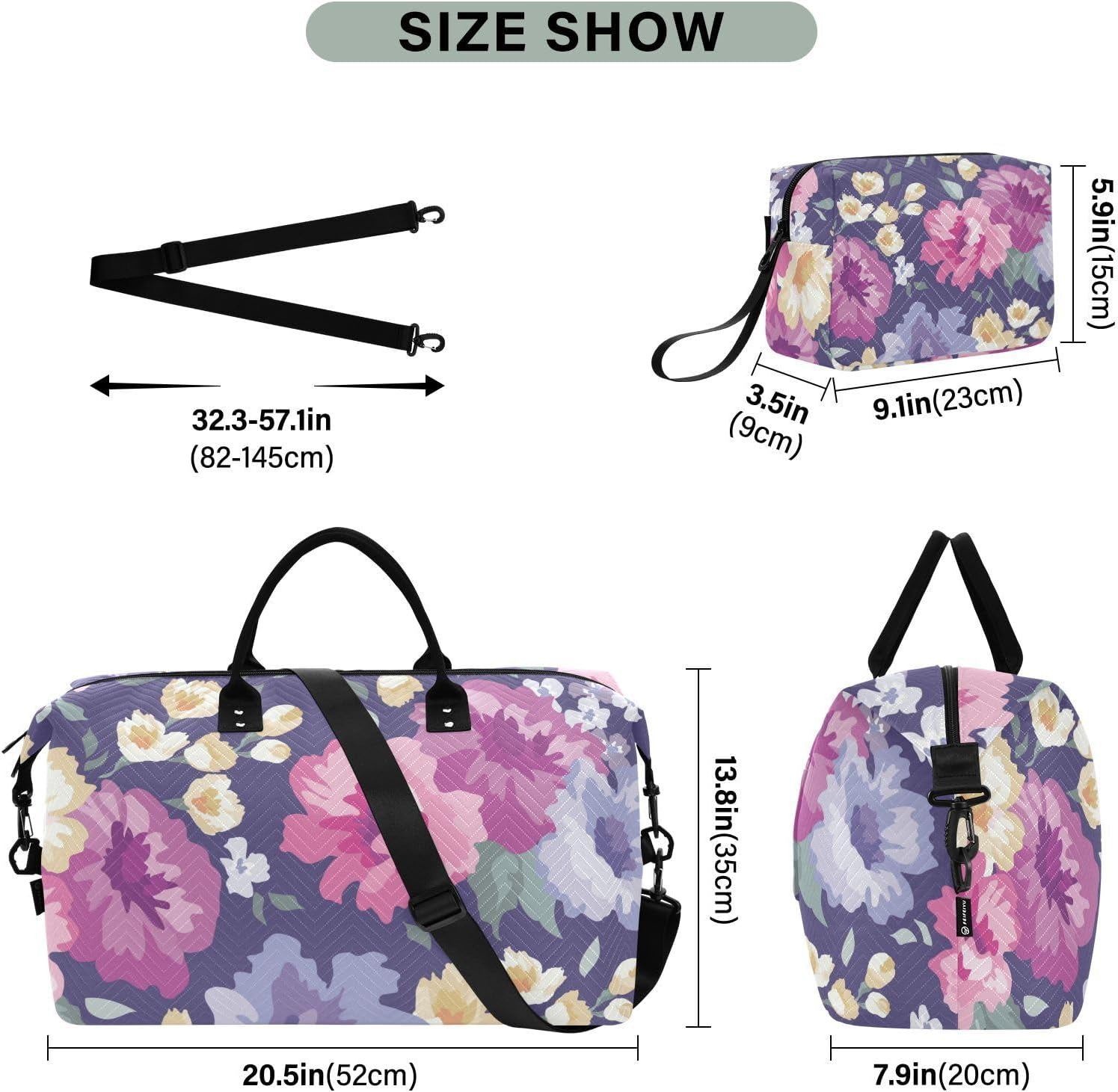 Overnight Travel Duffel Bag Weekender Bag Flowers Floral Farmhouse Eclectic Large Gym Bag with Toiletry Bag For, Flowers Floral Farmhouse Eclectic, Set of 2, Art Deco image number 2