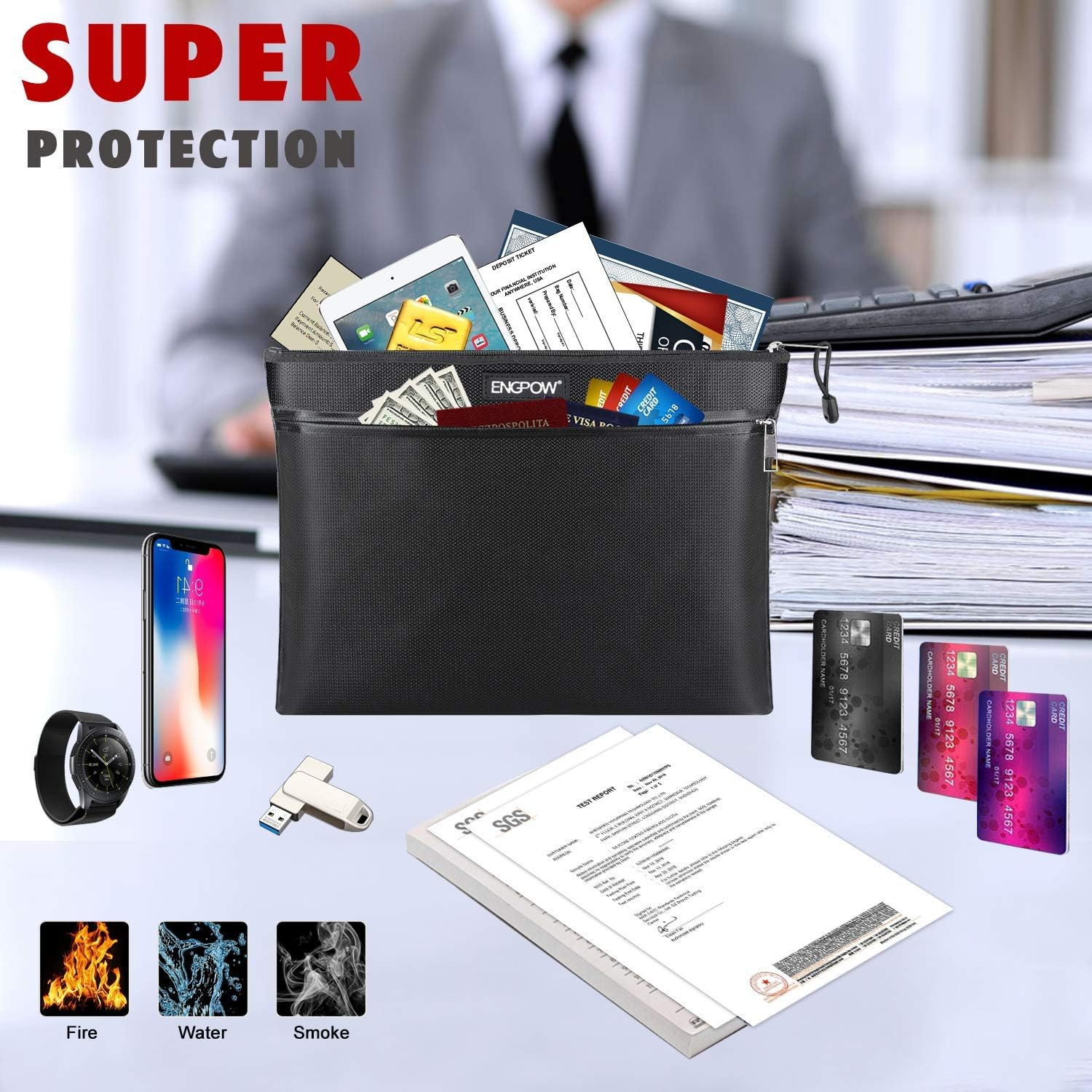 Fireproof Document Bag Two Pockets Two Zippers,Engpow Fireproof Safe Bag 13.4"X 10.2" Waterproof and Fireproof Money Bag Fire Safe Pouch File Storage for A4 Document Holder,Cash and Tablet image number 6