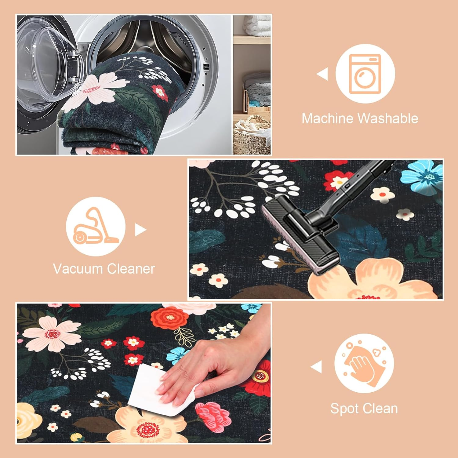 MOSISO 4X6 Area Rug for Living Room, Washable, Non Slip Multicolored Flower, Low Pile Carpet, Faux Wool Rectangular Area Rug Carpet for Living Bedroom Dining Room Home, Black