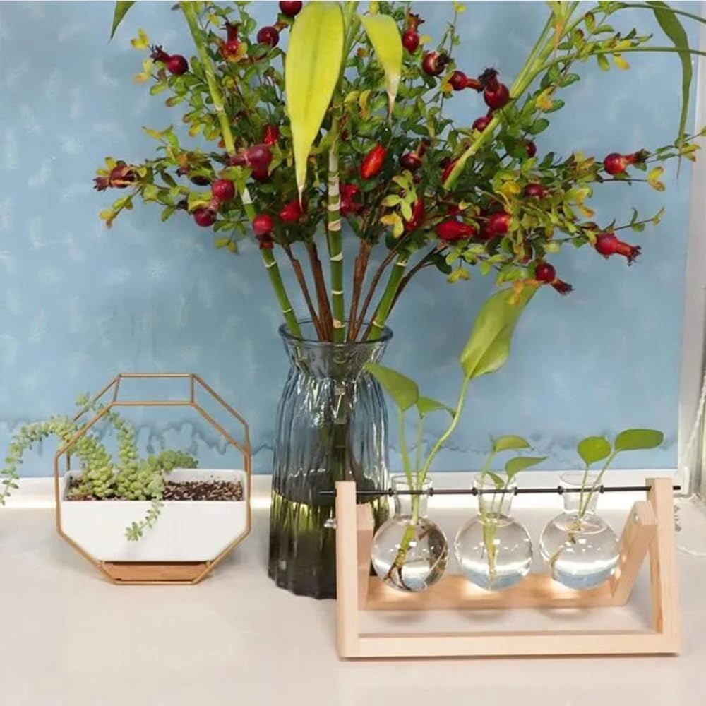 Plant Terrarium Wooden Stand Propagation Stations Glass Hydroponics Bulb Vase Desk Plants Holder for Gardening Office Home Decor 3 Glass Vase image number 6