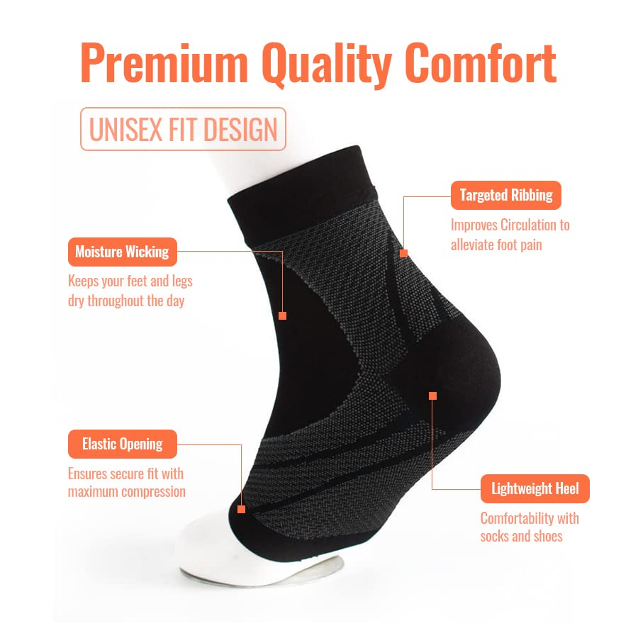 Ankle Compression Sleeves Socks Seamless Sports Plantar Fasciitis Socks Heel Arch Ankle Brace Support Sleeves Open Toe Fast Pain Relief Boosts Circulation Varicose Veins for Men Women Athletes Running (Black, Large)