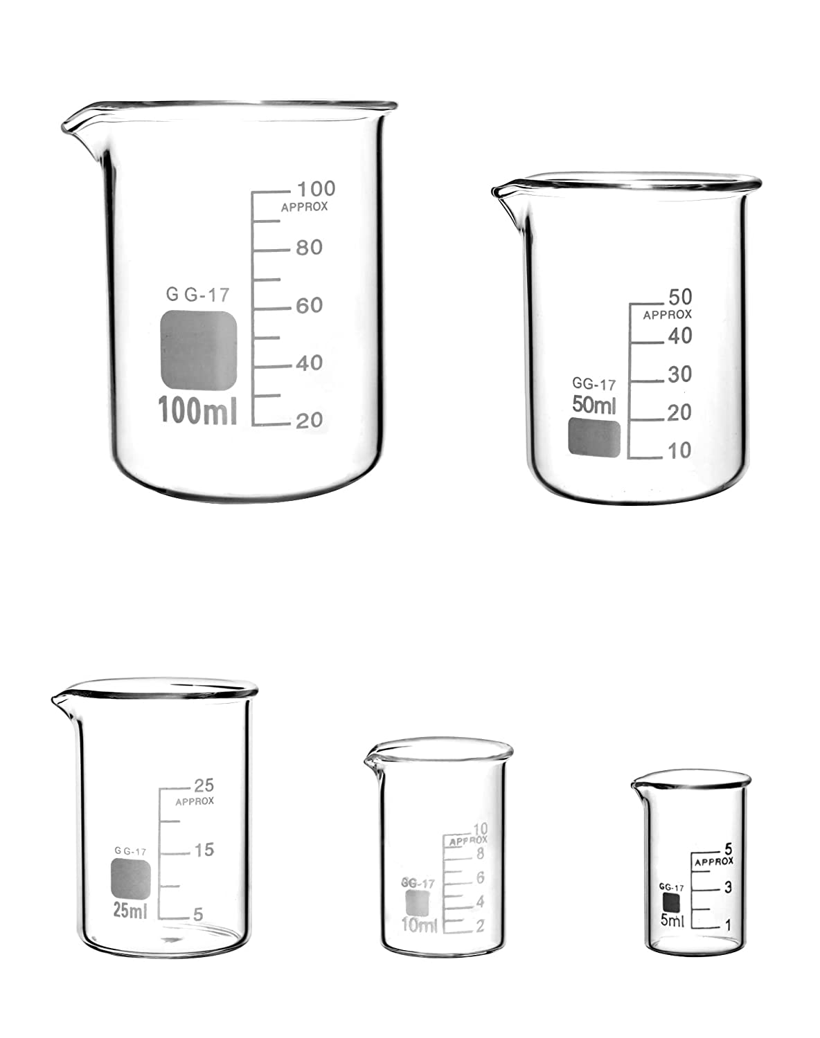 QWORK 5 Pcs Graduated Borosilicate Glass Beaker 5Ml 10Ml 25Ml 50Ml 100Ml Set for Science Lab Kitchen image number 1