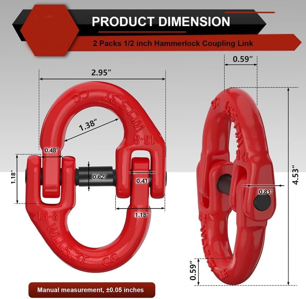 Safety Chain Connector Link, 1/2IN Tow Hitch Hammerlock Coupling Link, 2 Pack G80 Alloy Steel Tow Chain Connector Red image number 2