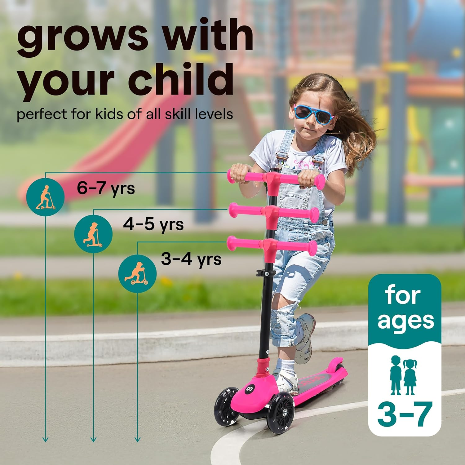 Serenelife 3 Wheel Scooter for Toddlers & Kids, Foldable Seat, LED Wheels, Adjustable Handlebar, Anti-Slip Deck, Rear Foot Brake, Lean-To-Steer, Kid Scooter Ages 18M&ndash;7Y, Supports up to 50 Kg.