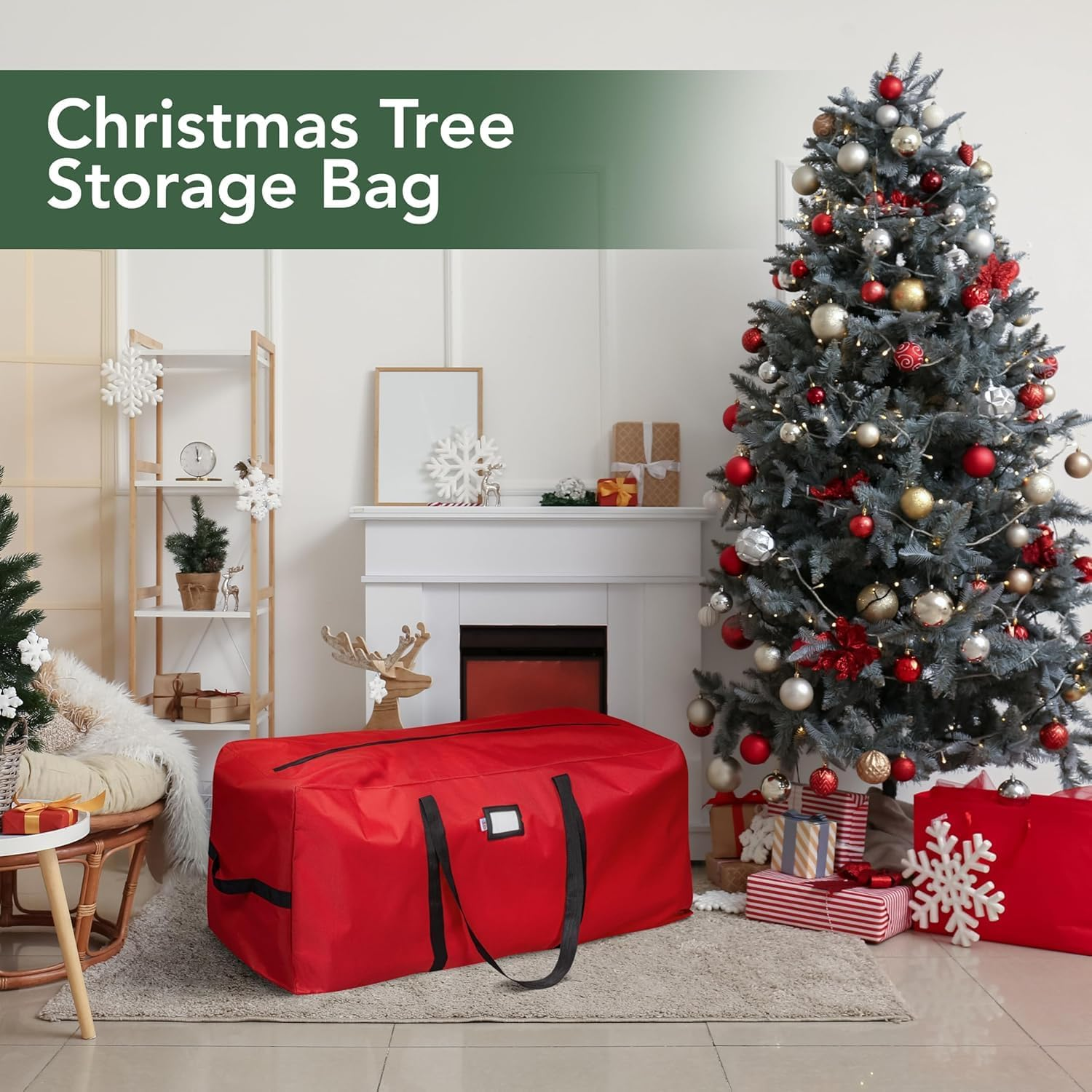 Christmas Tree Bags Storage Fits up to Artificial Trees Heavy Duty 600D Oxford Christmas Tree Storage Bag Container Santa Storage Bag with Zipper Xmas Holiday Tree Bag with Handles (Red, XL) image number 2