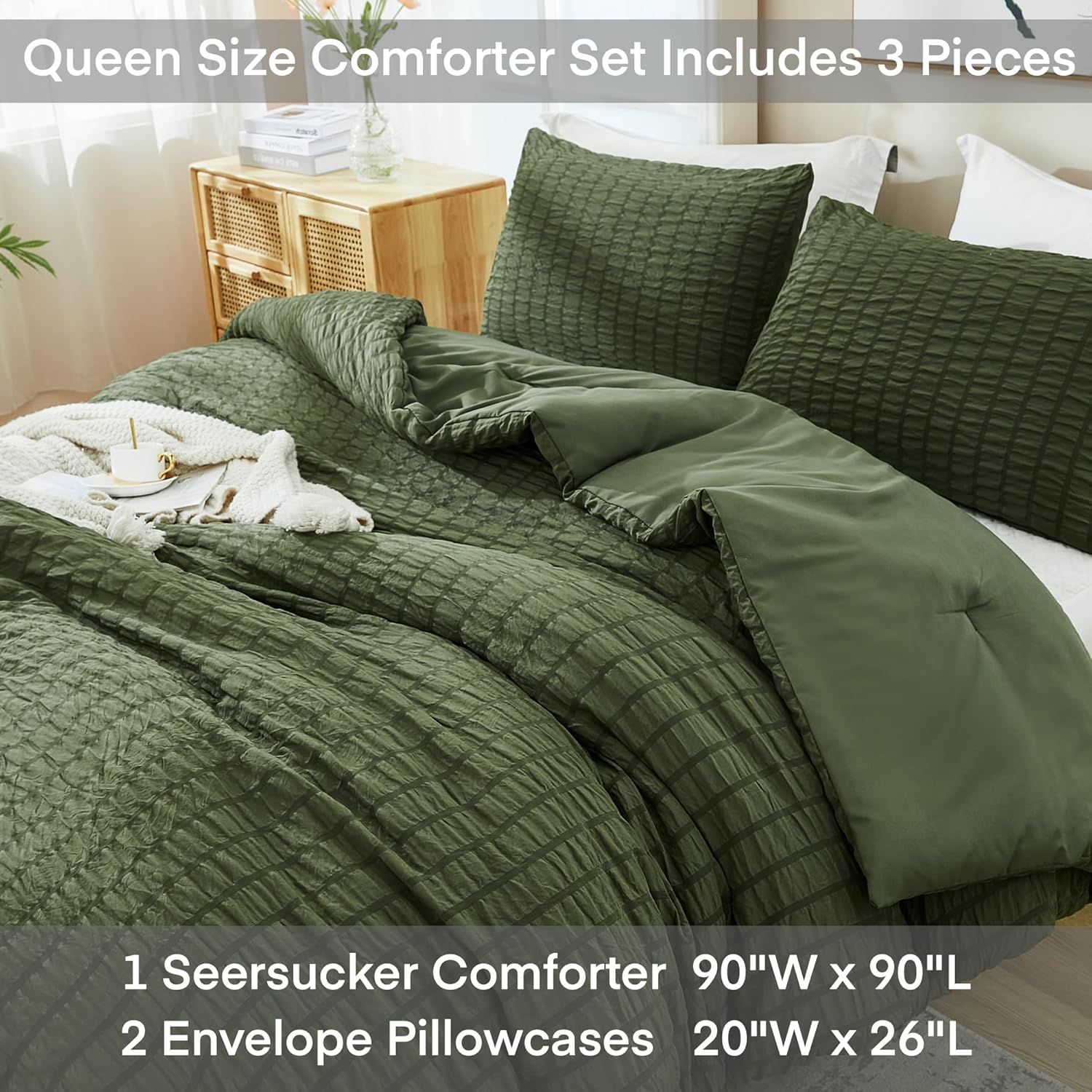 Avelom Dark Olive Green Seersucker Queen Comforter Bed Set (90X90 Inches), 3 Pieces-100% Soft Washed Microfiber Lightweight Comforter with 2 Pillowcases, All Season down Alternative image number 5
