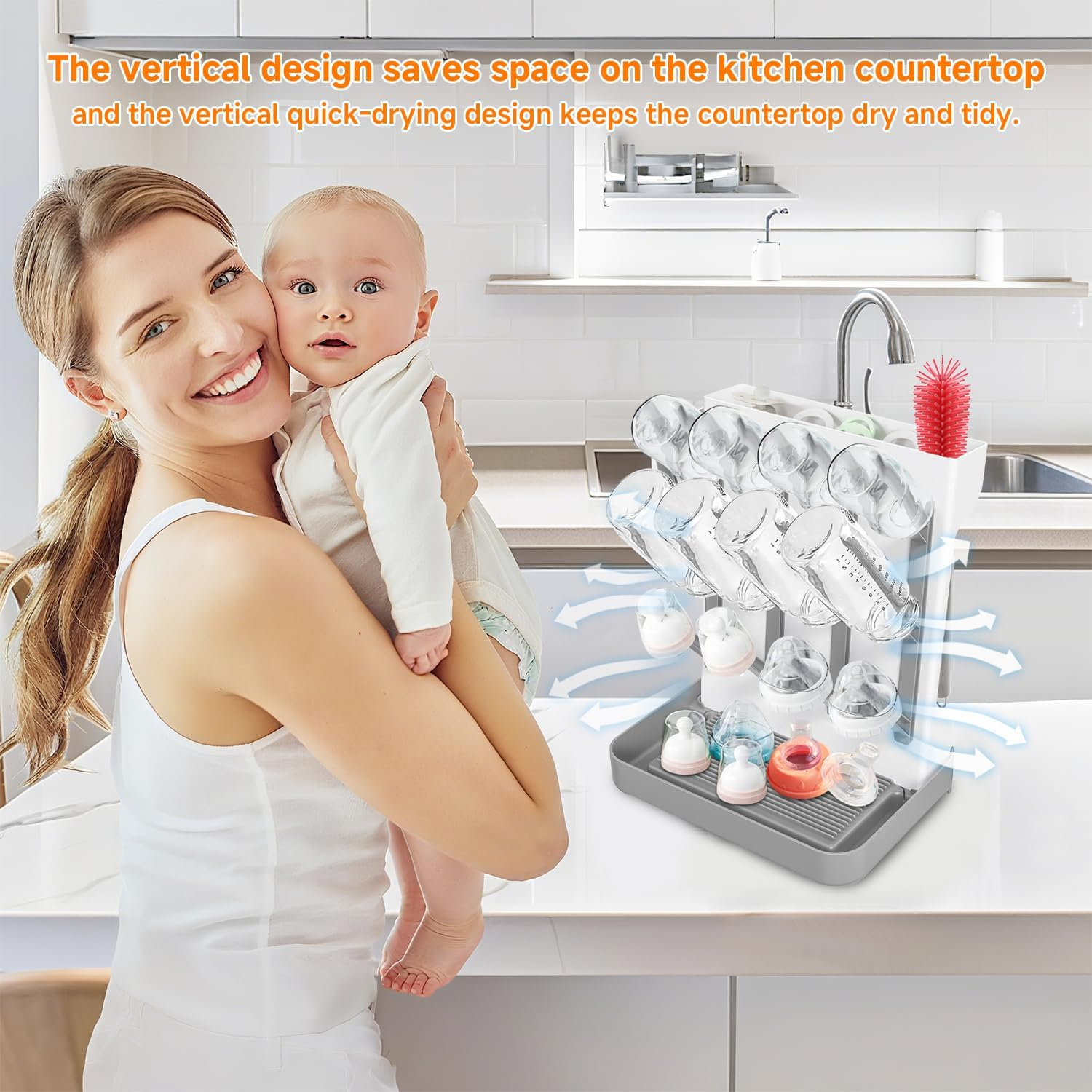Sluxjet Baby Bottle Drying Rack, Space Saving Vertical Baby Bottle Storage Travel Bottle Brush and Large Capacity Drying Rack for Countertop Kitchen Organize Bottles and Baby Accessories, Gray image number 1