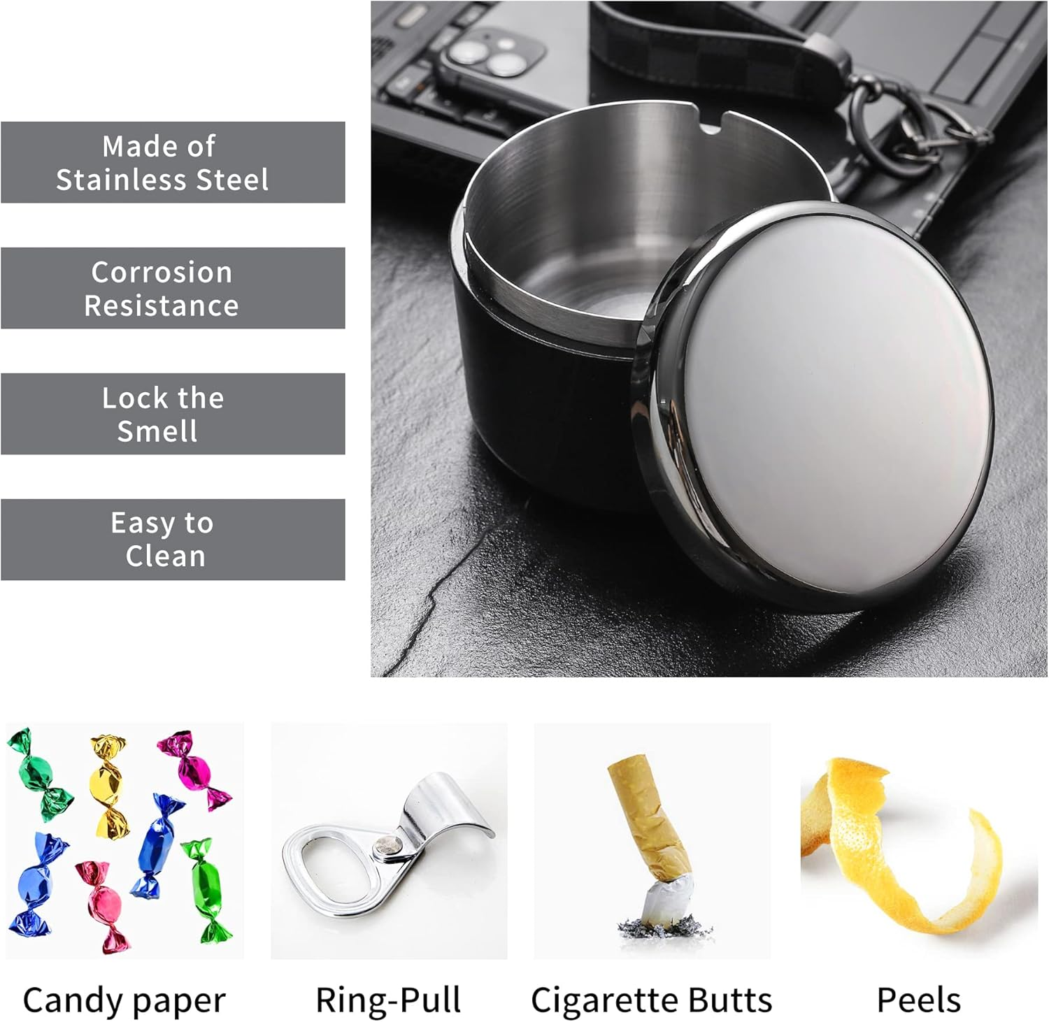 Smokeless Ashtray with Lid for Smokers Stainless Steel Liner Ash Tray Windproof Durable Easy to Clean Cool Ashtrays for Indoor or Outdoor Use, Patio, Office & Home(Black) - Black image number 5