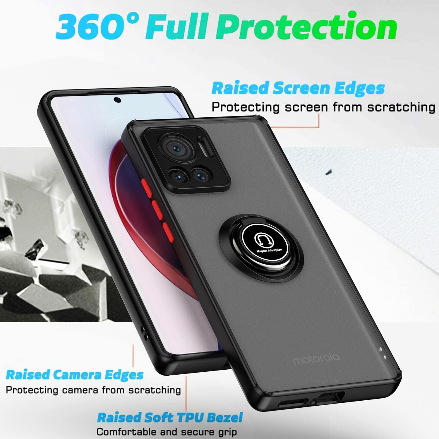 XINYEXIN Case for Motorola Edge 30 Ultra with Ring Stnad Shockproof Mobile Phone Case Anti-Scratch Translucent PC Back + Soft TPU Bumper Case Cover - Black image number 5