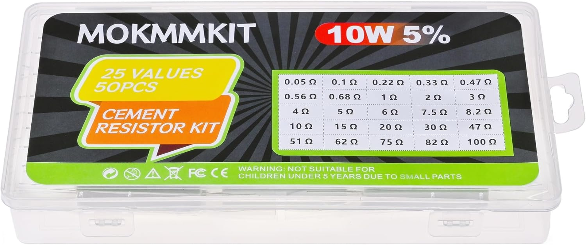 MOKMMKIT 25 Values 50 Pieces Ceramic Cement Resistor KIT 10W Resistance 10 Watt &plusmn;5% Power Resistors (0.05 Ohm - 100 Ohm) image number 1