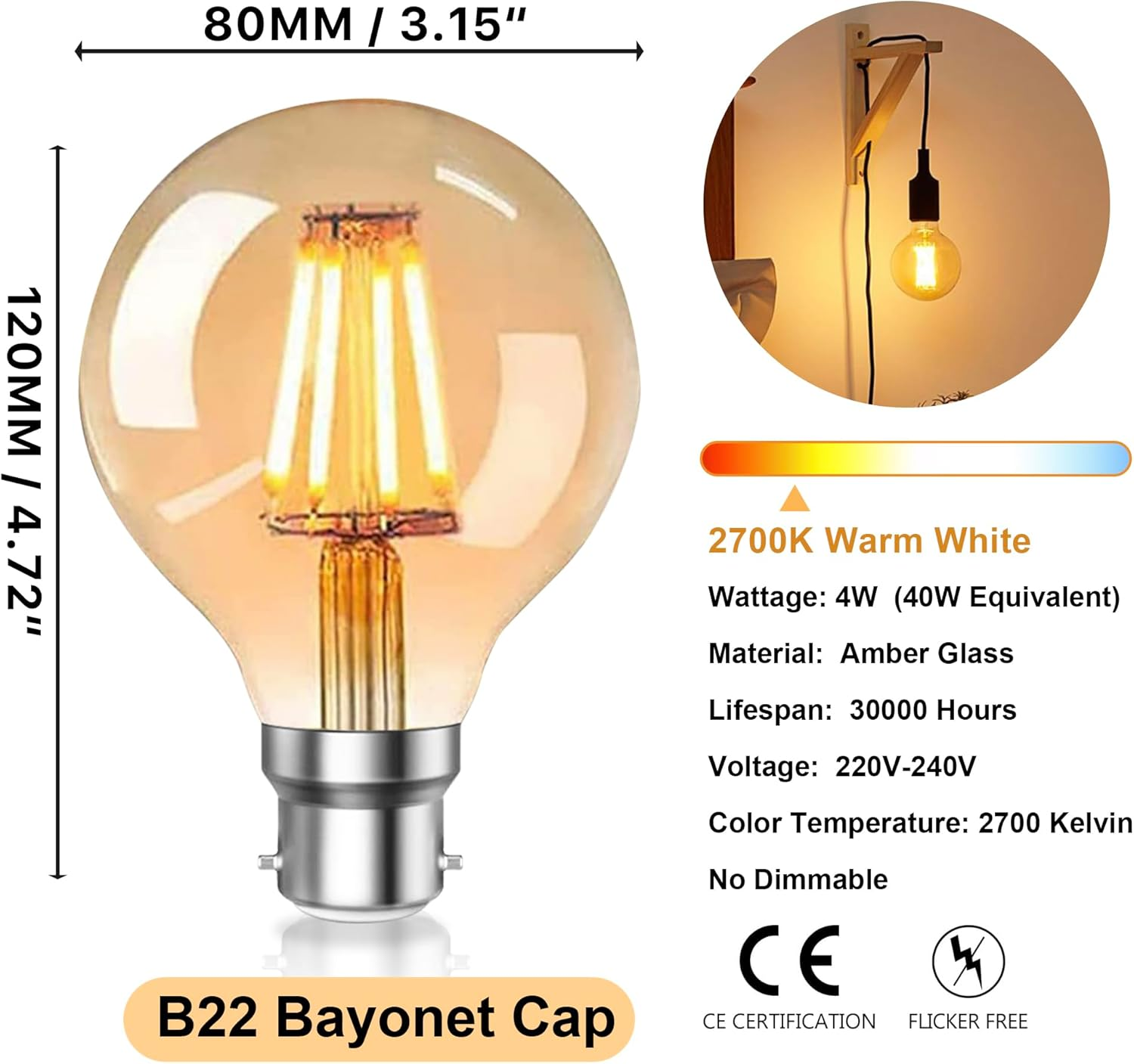 YOUDIAN Vintage Edison Bayonet Light Bulb 40W Equivalent,4W Energy Saver G80 B22 LED Bulbs Warm White 2700K,B22 Bayonet Cap Edison Retro Style LED Decorative Light Bulb,220V,Pack of 2 image number 3