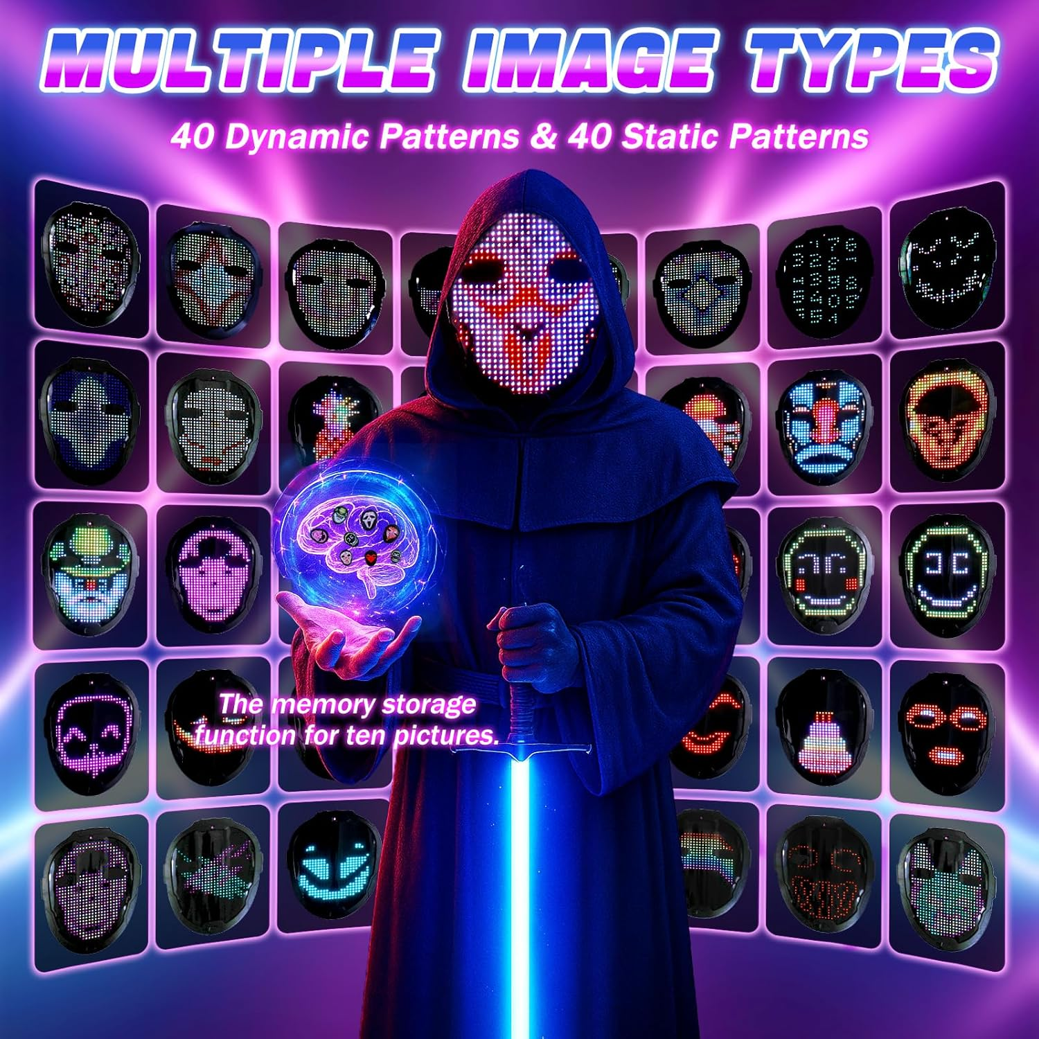 Quntis Face Transforming LED Mask for Adults & Kids, 80 Pattern Glowing LED Halloween Digital Luminous Mask for Costume Cosplay