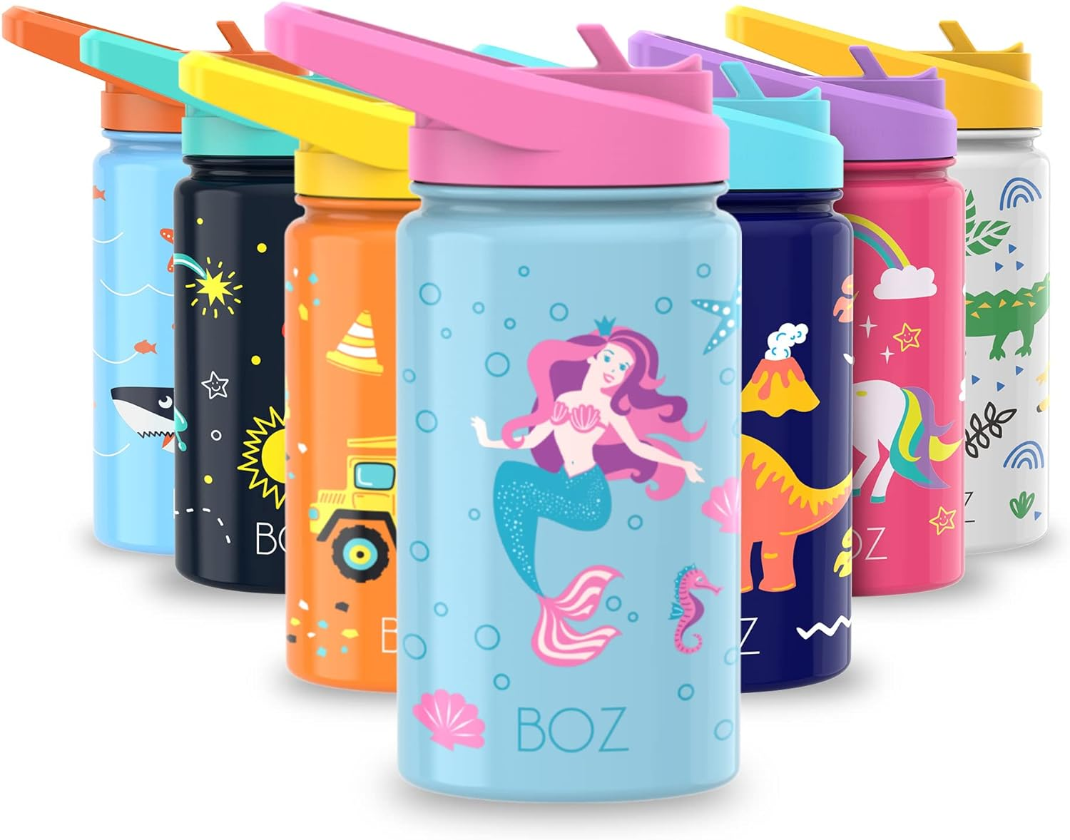 BOZ Kids Insulated Water Bottle with Straw Lid, Stainless Steel Vacuum Double Wall Water Cup, 14 Oz (414Ml). Scratch-Resistant Cute Print and Carry Handle, Bpa-Free and Dishwasher-Safe (Mermaid) - Butterfly image number 7