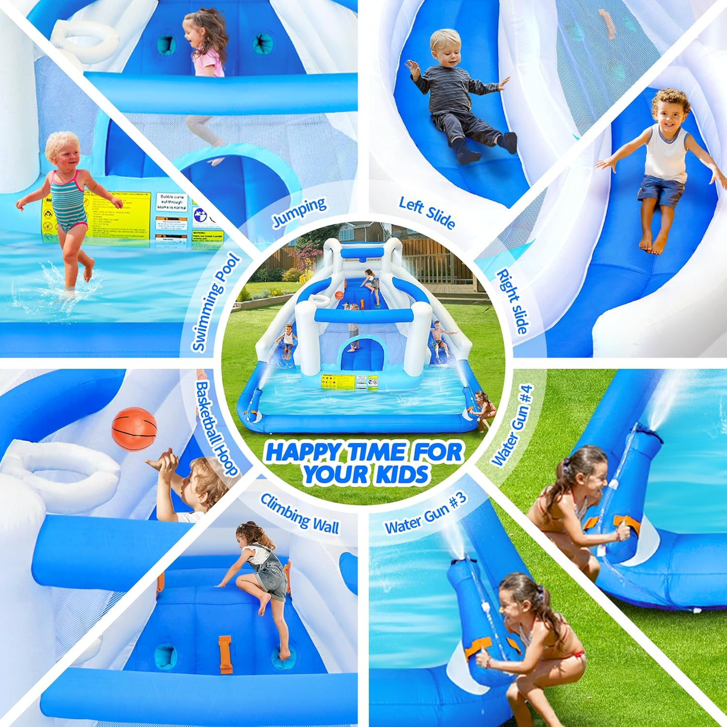 Inflatable Water Park with Blow up Water Slides, Trampoline, Basketball Hoop and 2 Water Cannons Outdoor Kids Water Slide for Garden and Party Use