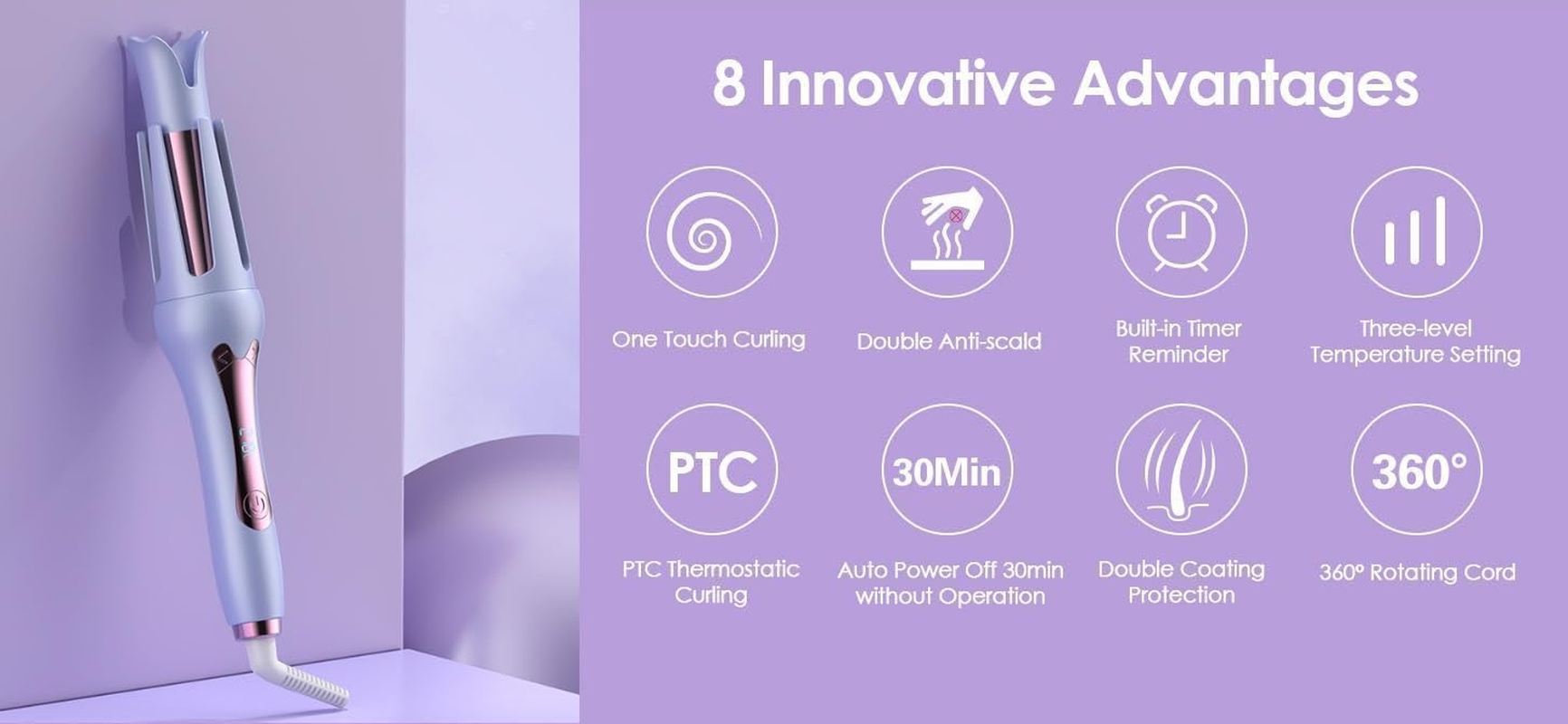 Auto Hair Curler, 32Mm Automatic Curling Iron with 3 Temperature & 3 Timer, Automatic Shut-Off, Anti-Scald, Anti-Tangle Rotating Curling Wand for Hair Styling (Purple) image number 2