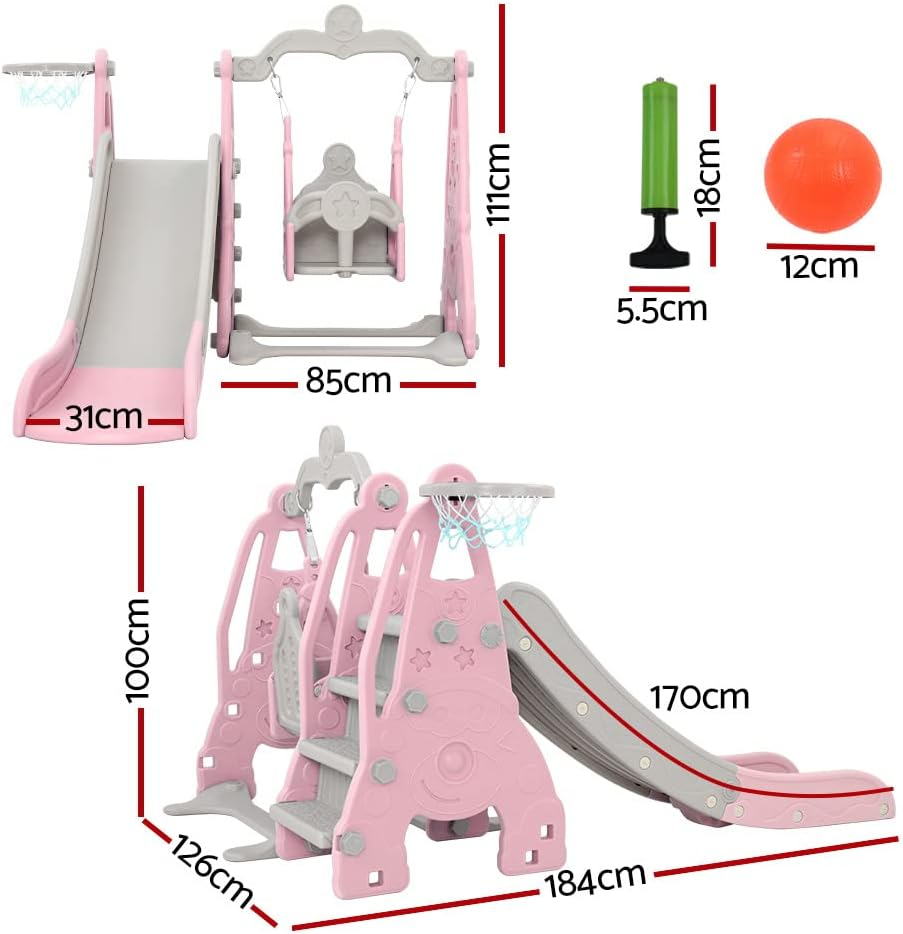 Keezi Kids Slide Swing Set with Basketball Hoop, 3 in 1 Climbing Frame Cubby House Toddler Fold up Cardboard Slides Playground Outdoor Indoor Activity Sports Center Gym, Ball Pump Pink - Blue image number 5