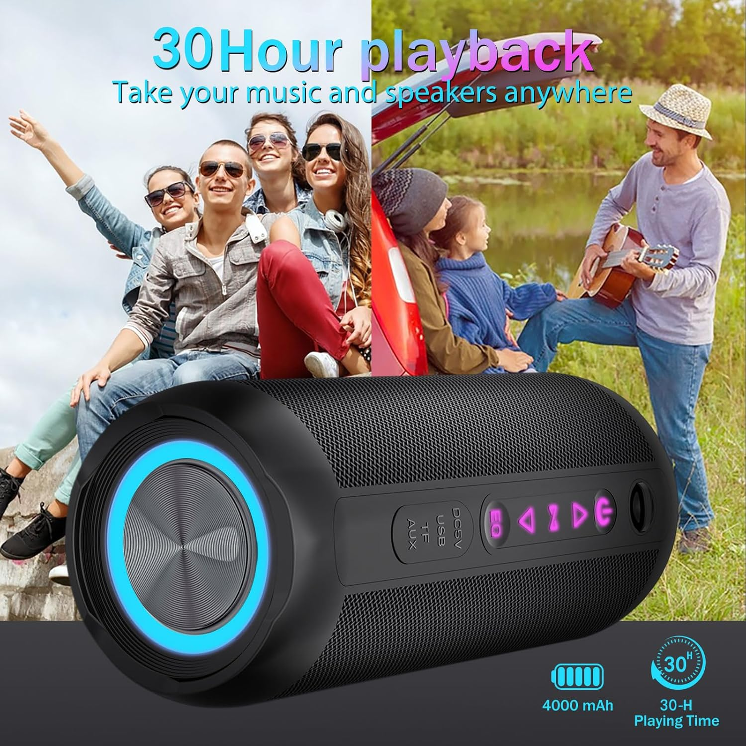 Portable Bluetooth 5.0 Speaker with Deep Bass,Ip66 Waterproof & Dustproof,Rgb Lighting,Aux/Tf Card Support,Type-C Charging,Tws Stereo,Perfect for Home,Outdoors,Cycling,Hiking,Camping&Parties (Black) image number 1