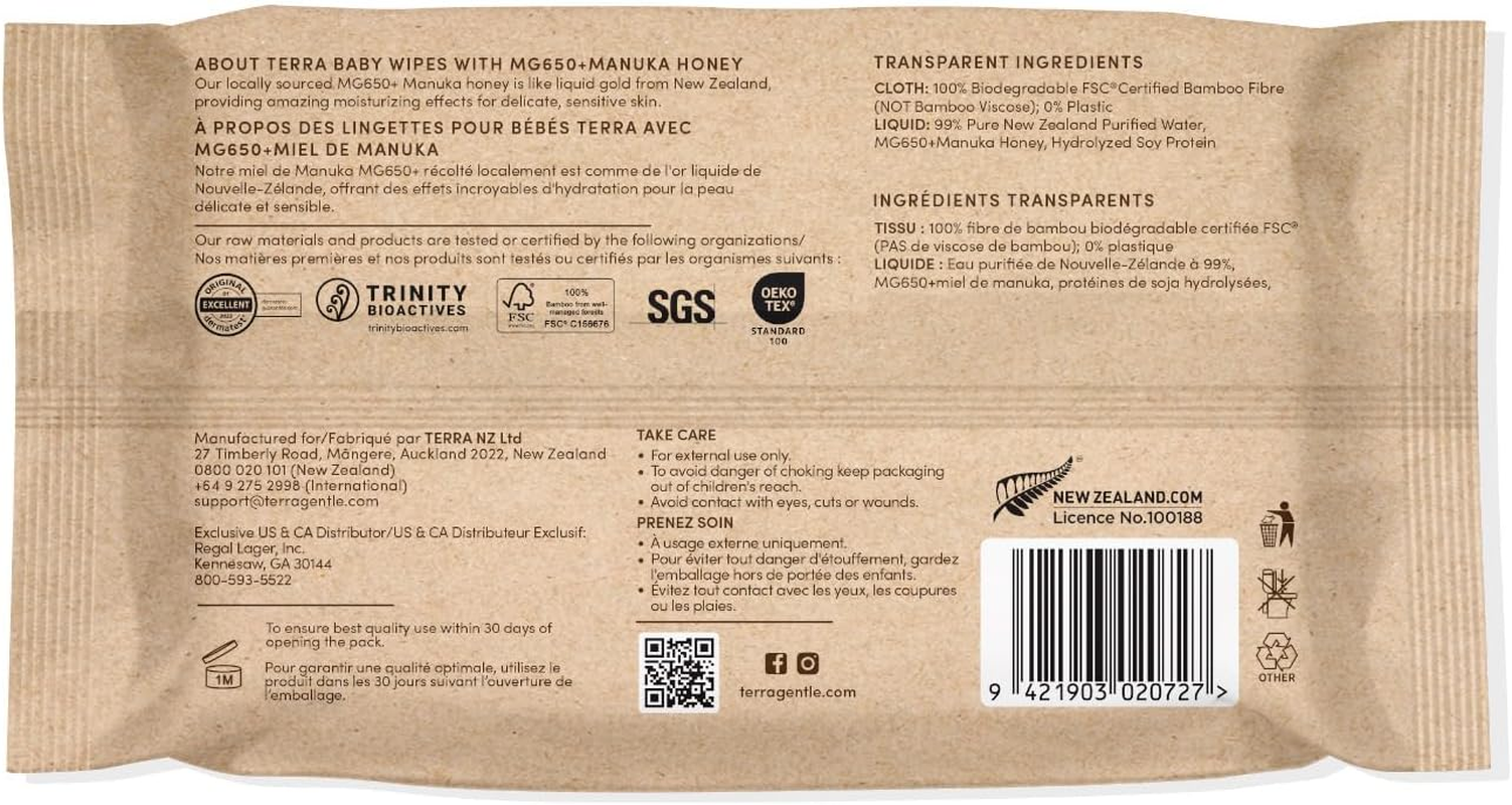Terra Bamboo Baby Manuka Honey Wipes &ndash; 99.5% Pure New Zealand Water, 100% Biodegradable Bamboo Fiber, 0% Plastic, Unscented, Suitable for Sensitive Skin &ndash; 12 Packs of 70 Wipes image number 1
