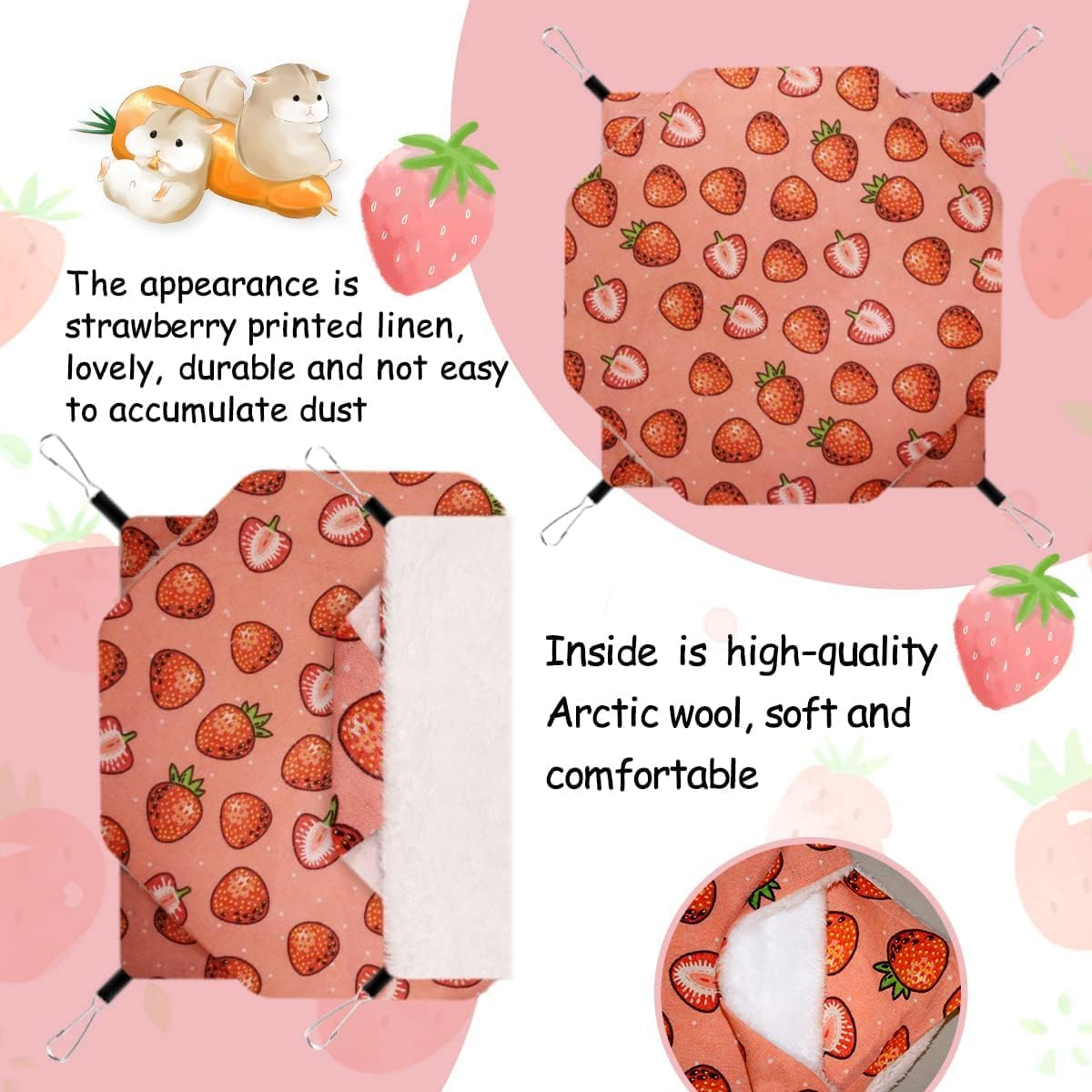 Norhogo Small Animal Hammock Double Layers Hammock for Guinea Pig Rat Ferret Small Pet Hideout with Tunnel Cave Hanging Hammock Pet Accessories, 35 X 35 Cm, Pink Strawberry Pattern