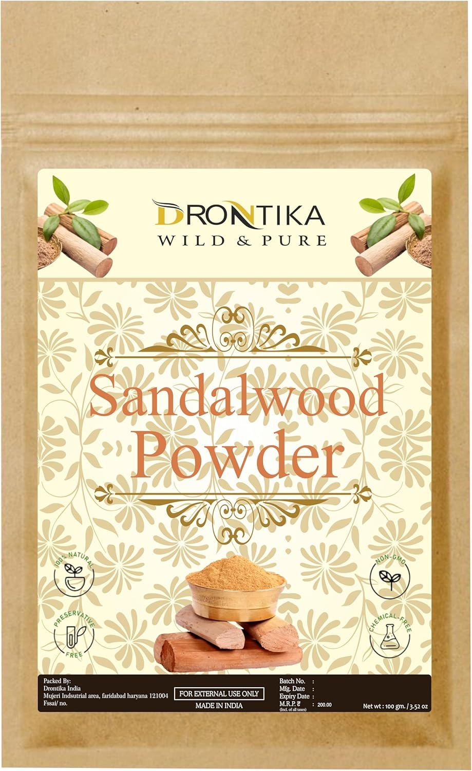 Drontika Sandalwood Face Pack Powder Santalum Album, Chandan Powder for Face and Skin Care, (Face Glowing & Tan Removal Face Pack 100Gm) Ayurvedic & Herbal